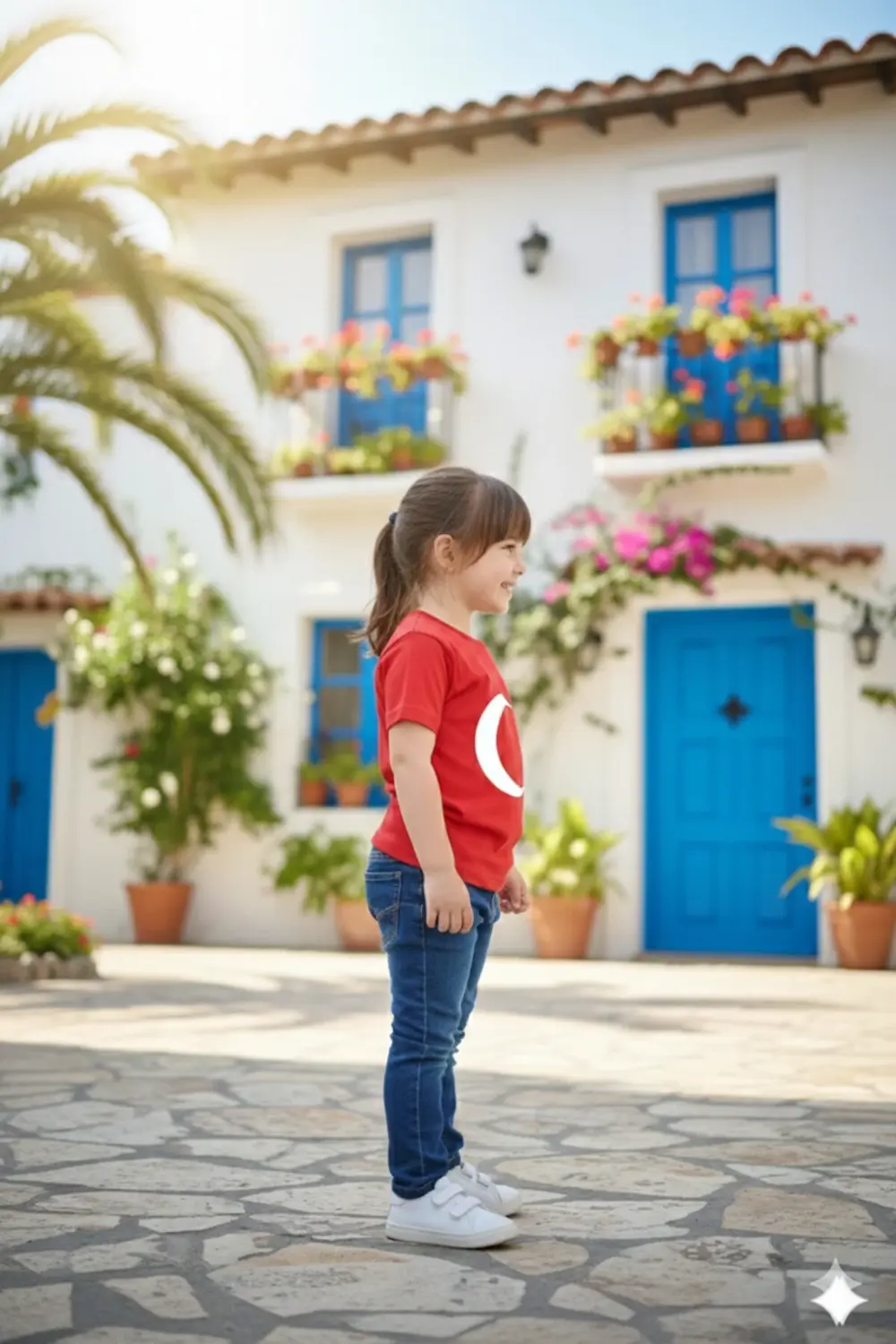 Kız Çocuk Unisex Tişört Kırmızı Ay Yıldız Baskılı Tişört Kısa Kol