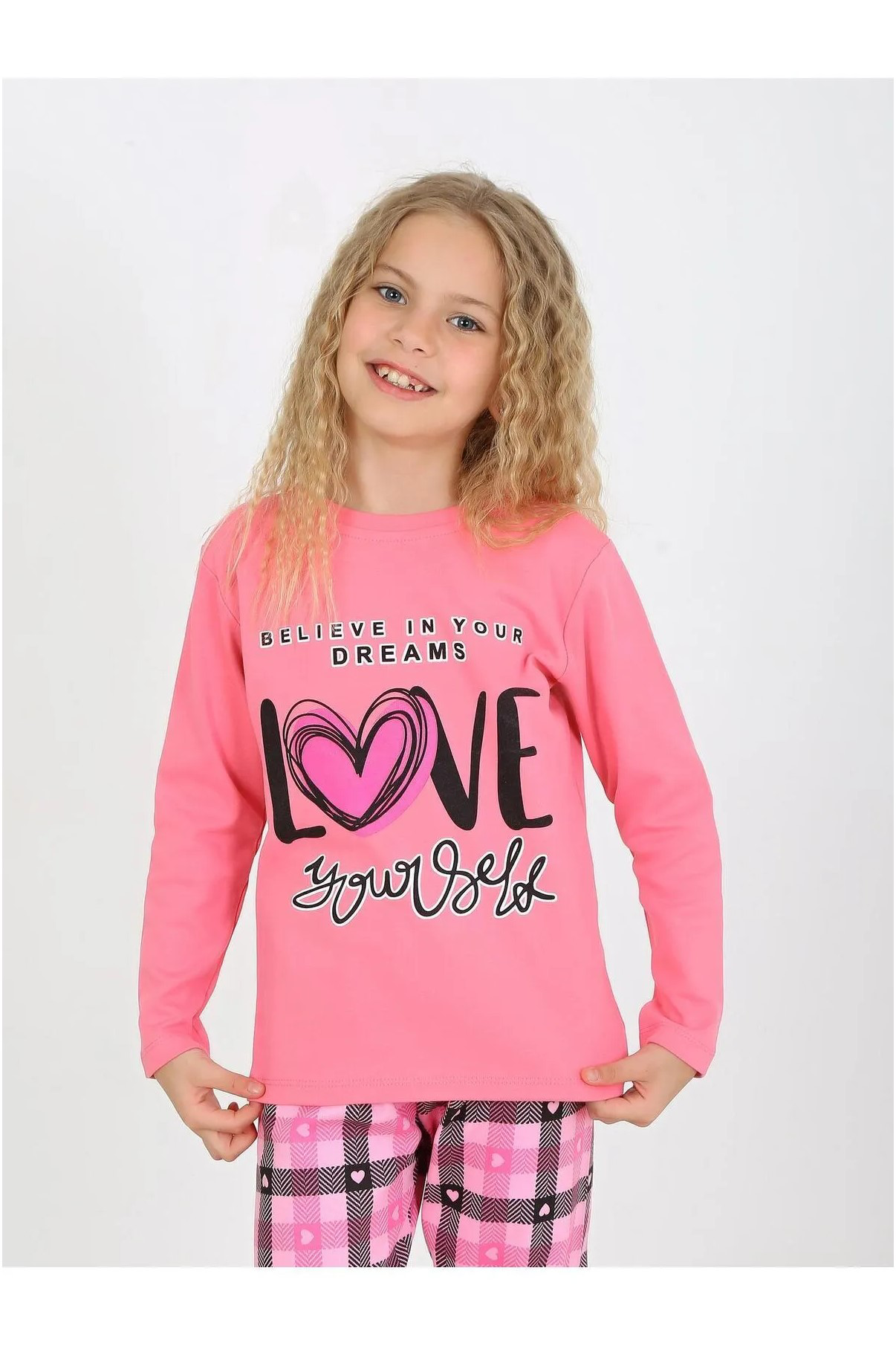 Kız Çocuk Uzun Kollu %100 Pamuklu Düğmeli Pijama Takımı 10/15 Yaş