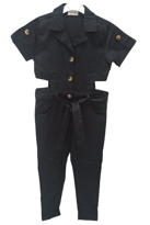 Kız Çocuk Yaka Beli Yırtmaç Detaylı Kemerli Siyah Tulum