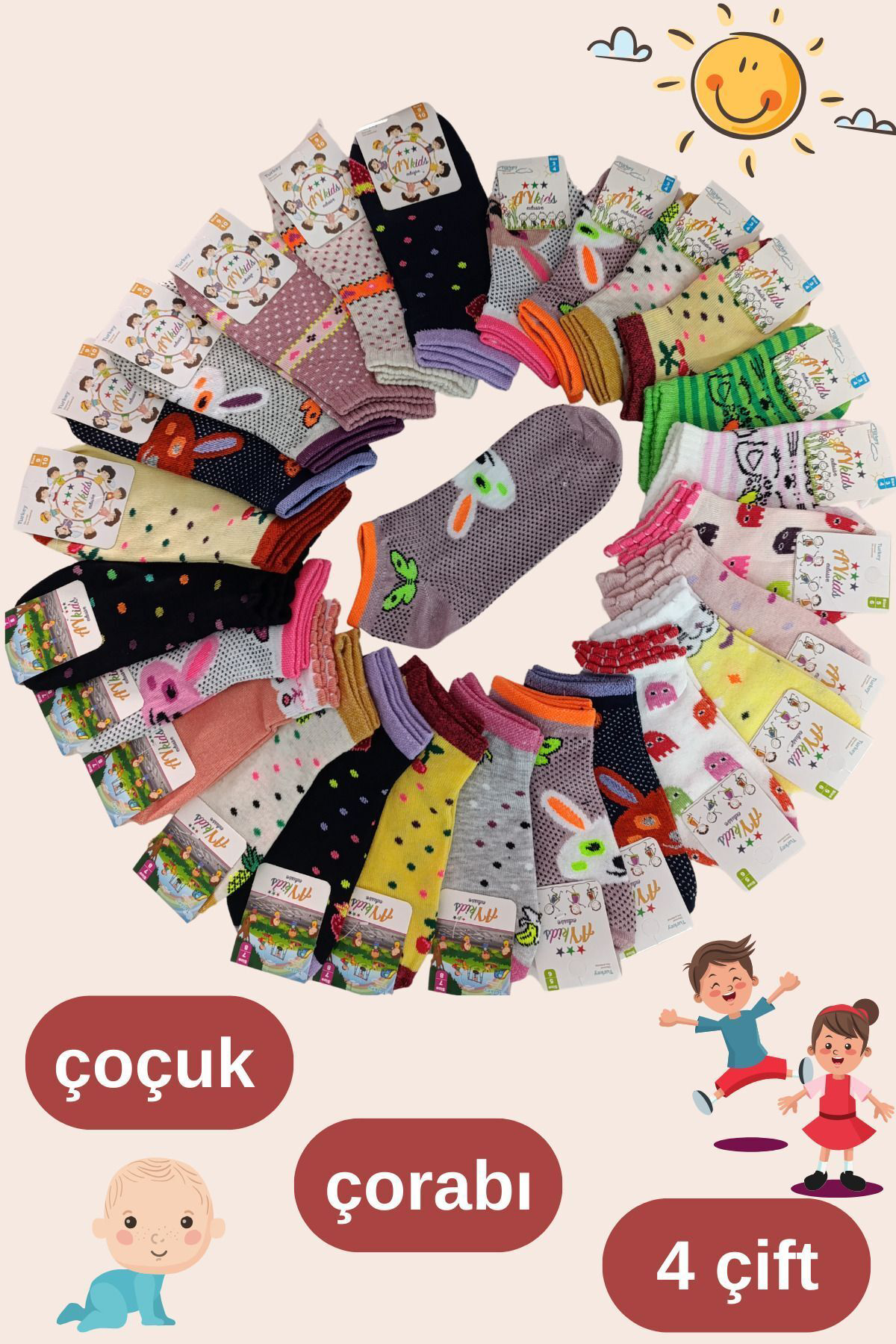 Kız - Erkek Çorap Desenli Model Pamuklu Terletmez (4 ÇİFT) Öğrenc