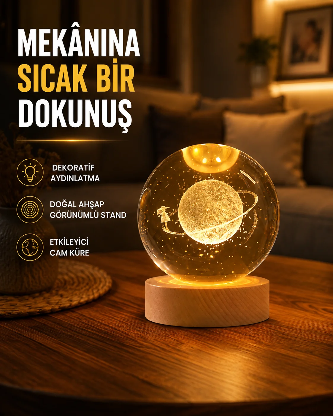 Kız Figürlü Sarı Cam Küre Işıklı Büyük Boy Ahşap Standlı Dekor Kız Figürlü Sarı Cam Küre Işıklı Büyük Boy Ahşap Standlı Dekor