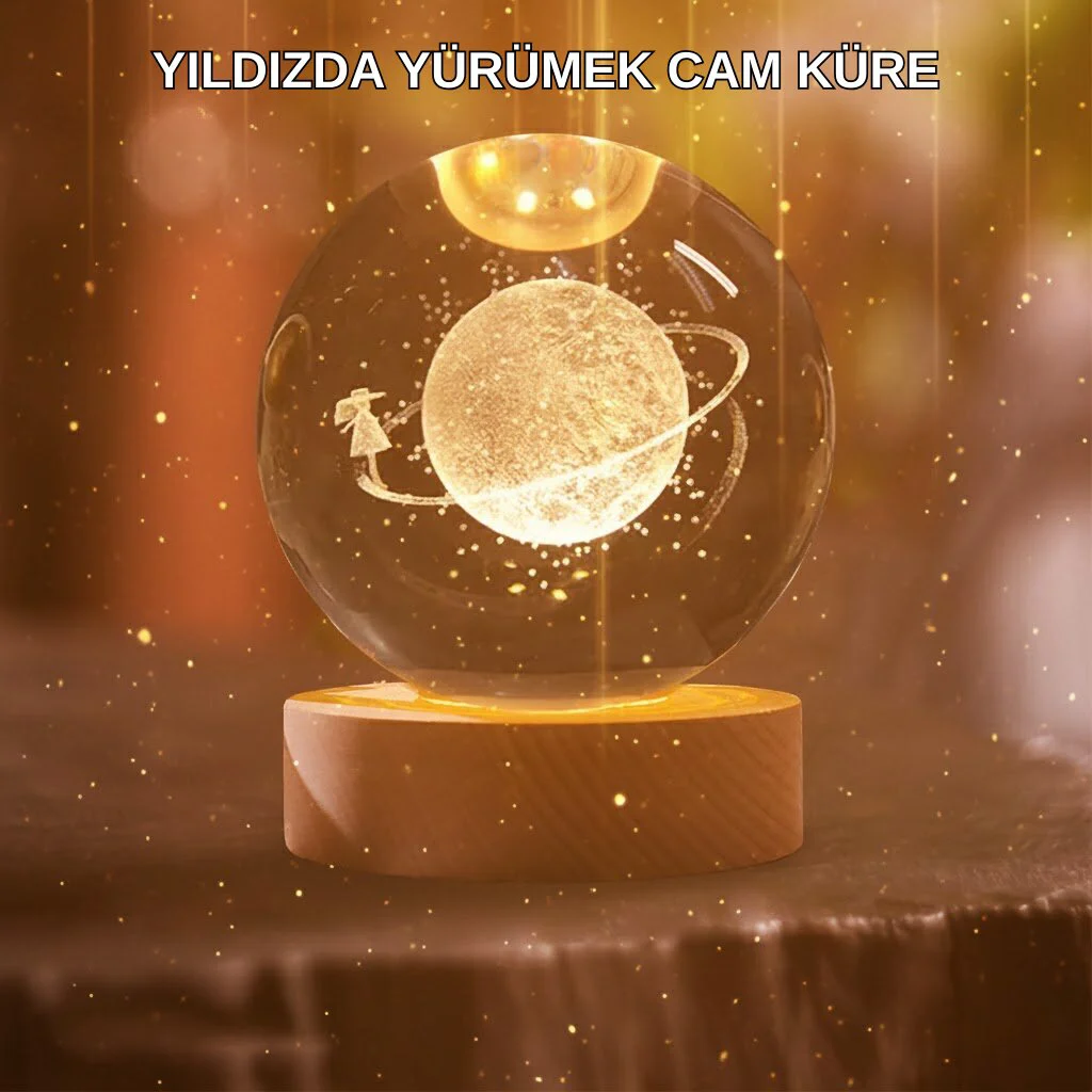 Kız Figürlü Sarı Cam Küre Işıklı Ahşap Standlı Büyük Boy Dekorasyon