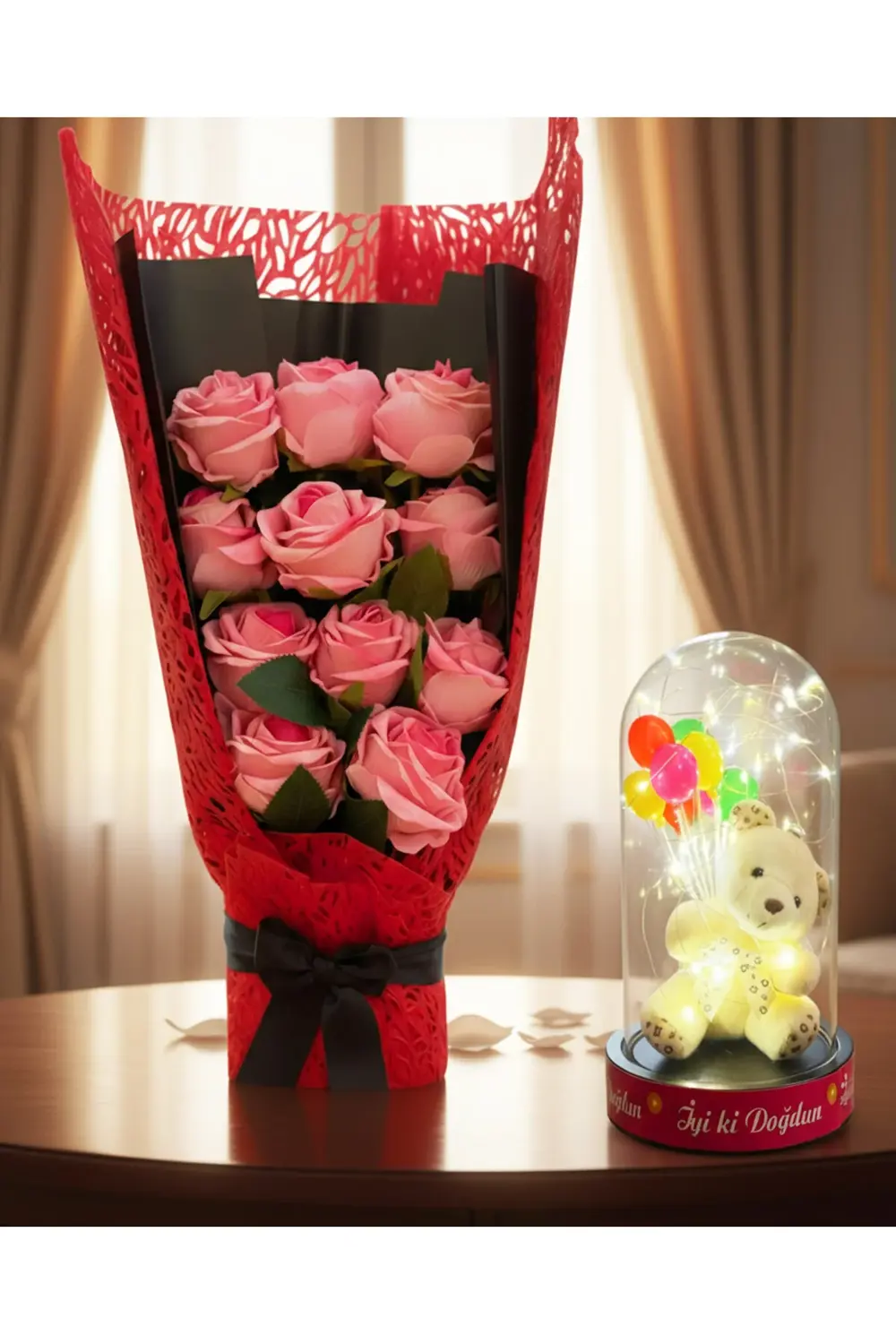 Kız Kardeşe Dogum Gunu Hediyesi - Pembe Gül Buketi ve Led Işıklı