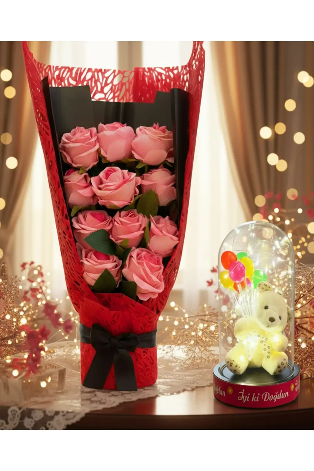 Kız Kardeşe Dogum Gunu Hediyesi - Pembe Gül Buketi ve Led Işıklı