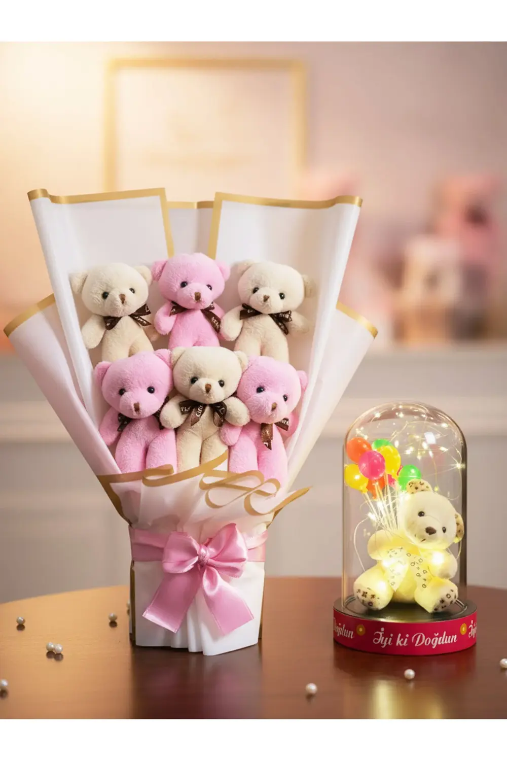 Kiza Dogum Gunu Hediyesi - Ayıcık Buketi ve Dogum Gunu Ledli Fanu