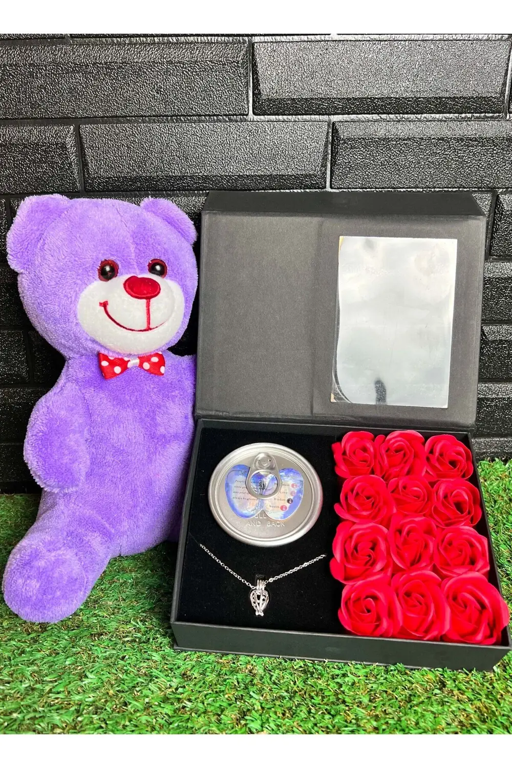 Kiza Hediye 25cm Mor Ayıcık ve İstiridye İçinde İnci Kolyeli Set