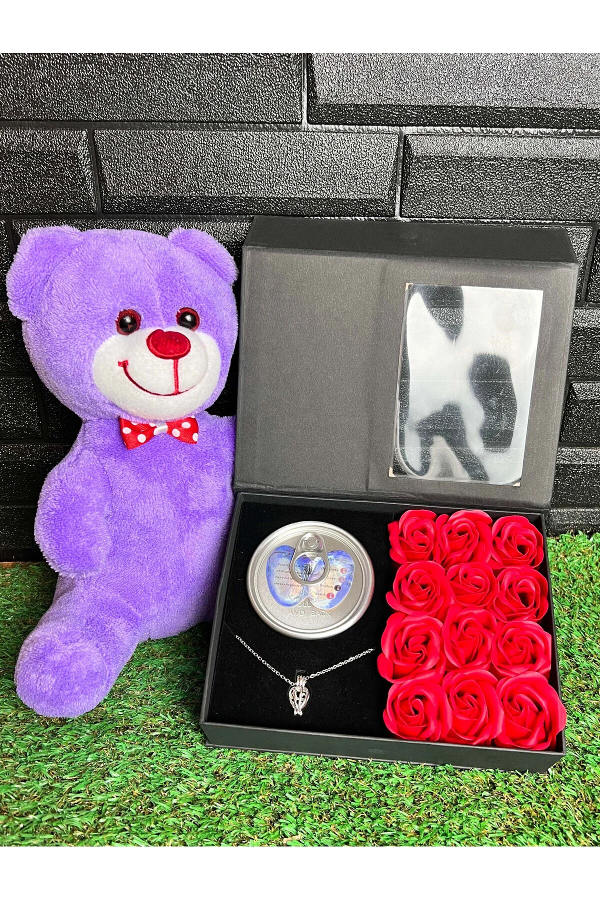 Kiza Hediye 25cm Mor Ayıcık ve İstiridye İçinde İnci Kolyeli Set 