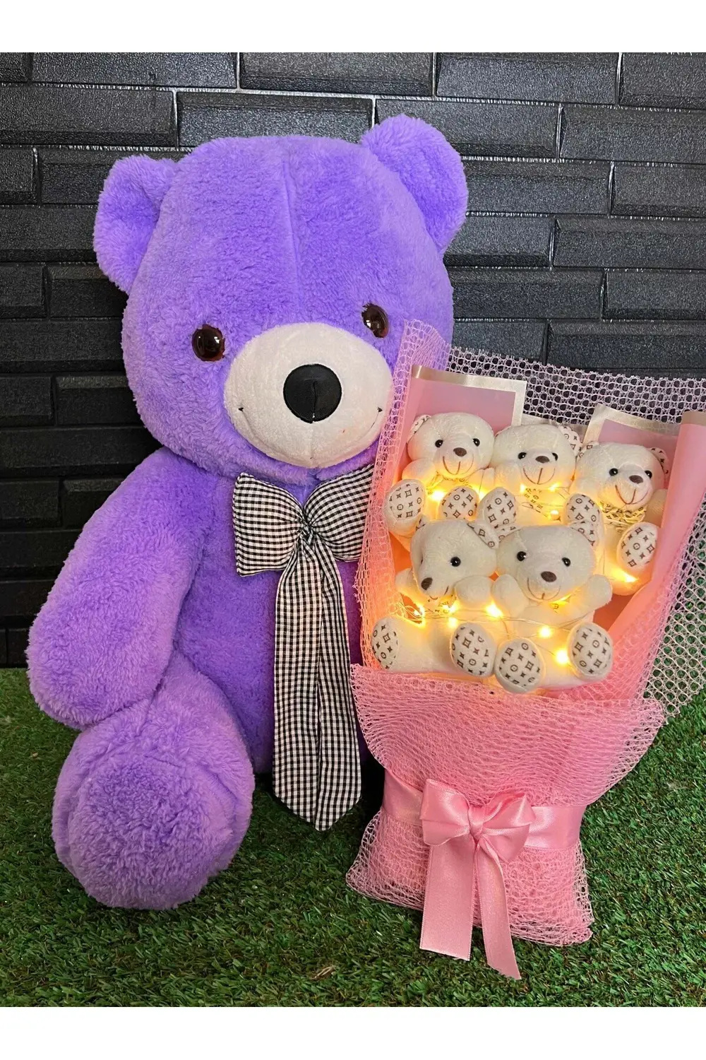 Kiza Hediye 55cm Mor Ayıcık ve Sarı Işıklı Ayıcık Buketi - Ozur H