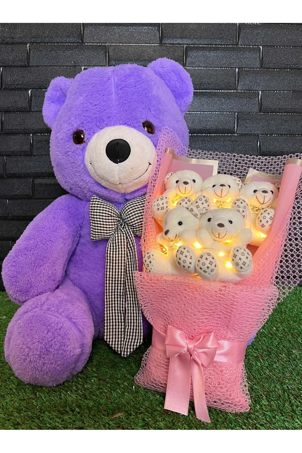 Kiza Hediye 55cm Mor Ayıcık ve Sarı Işıklı Ayıcık Buketi - Ozur H