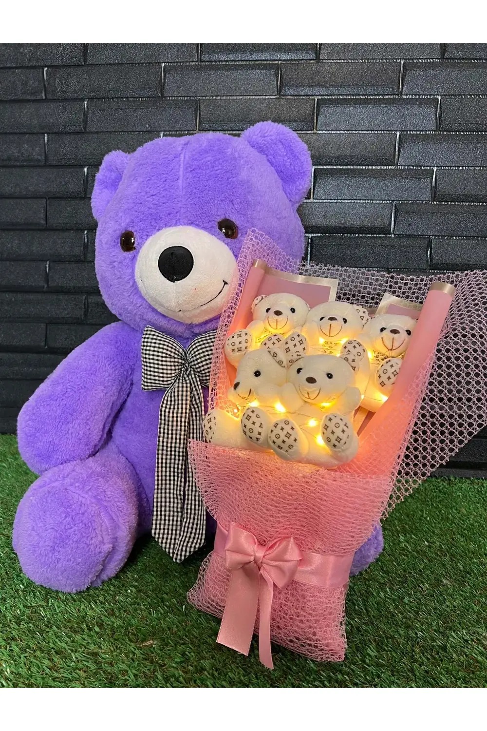 Kiza Hediye 55cm Mor Ayıcık ve Sarı Işıklı Ayıcık Buketi - Ozur H