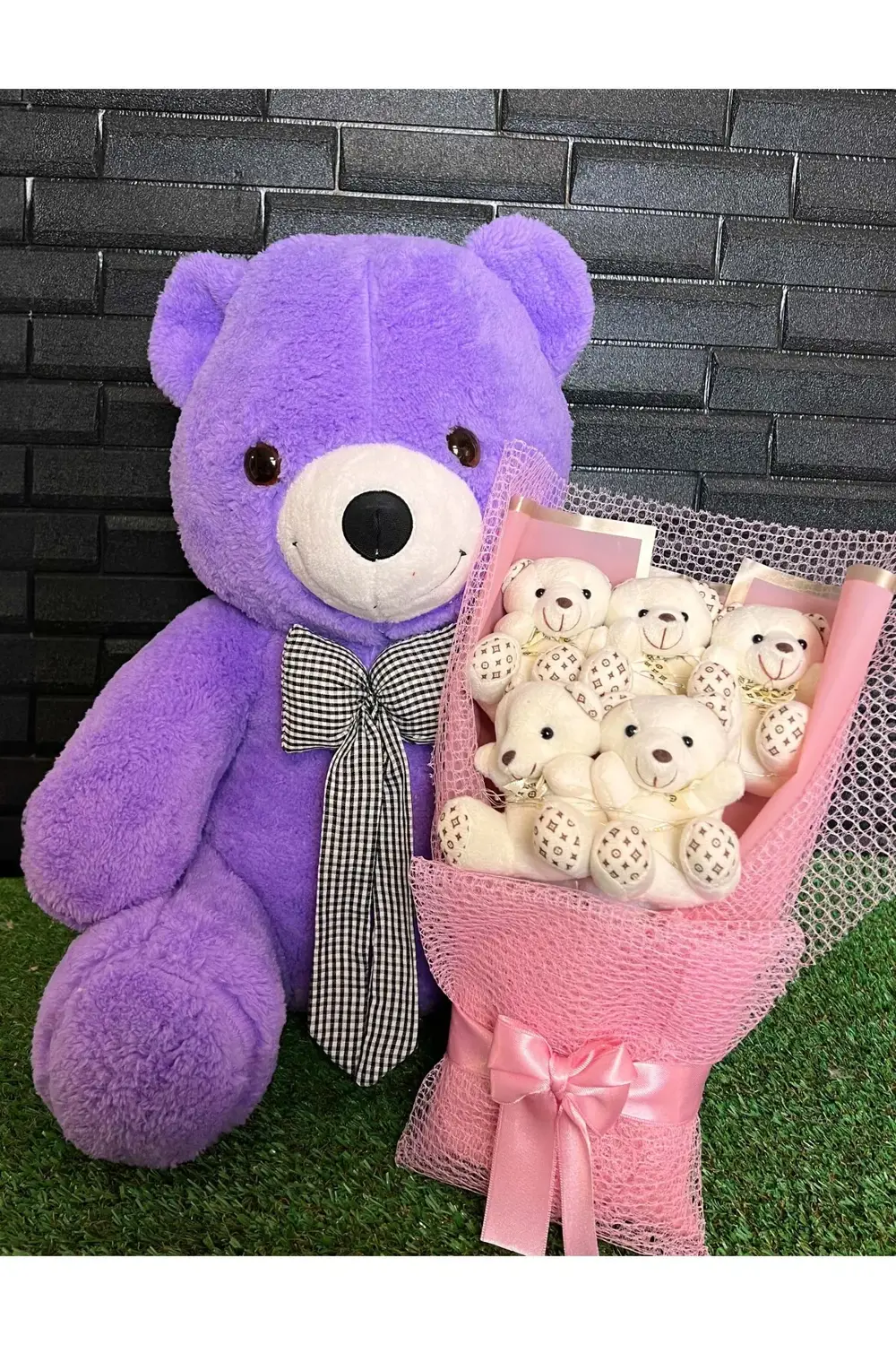 Kiza Hediye 55cm Mor Ayıcık ve Sarı Işıklı Ayıcık Buketi - Ozur H