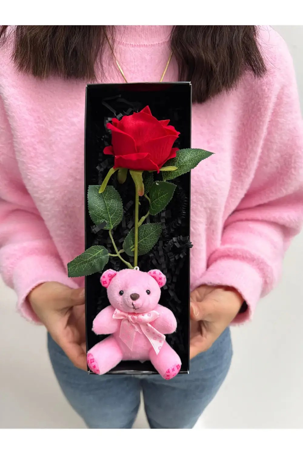 Kiza Hediye Kırmızı Gül ve Pembe Ayıcık Sevgiliye Hediye Kadina H