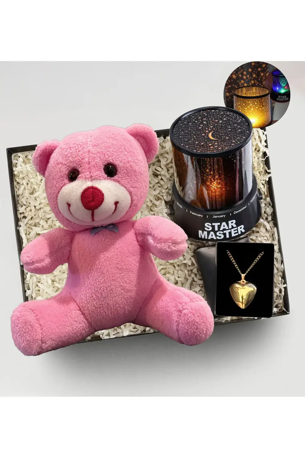 Kiza Hediye Pembe Ayıcık Gökyüzü Gece Lambası ve Çelik Kalp Kolye