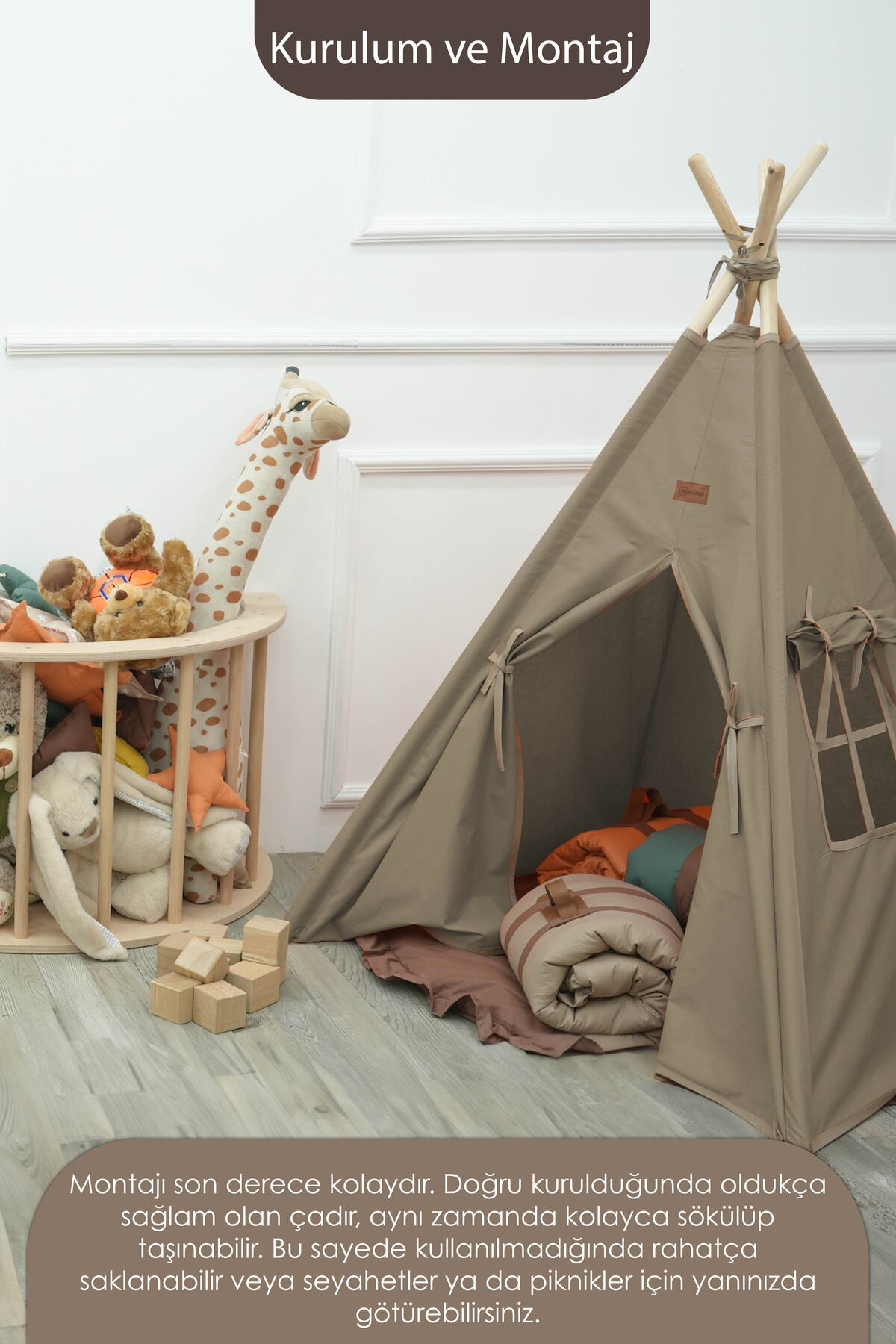 Mordesign Kızılderili Çocuk Oyun Çadırı, Kreş Anaokulu Oyun Alanı, Ahşap Oy