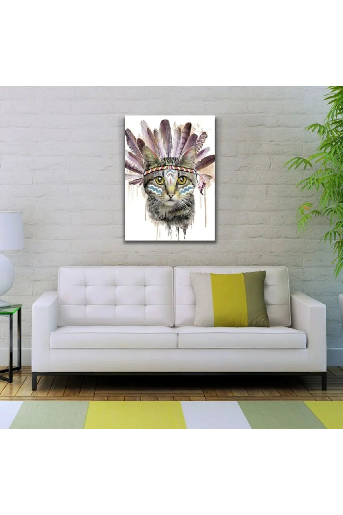 Kızılderili Kıyafetli Sevimli Kedi Kanvas Tablo 50 x 70