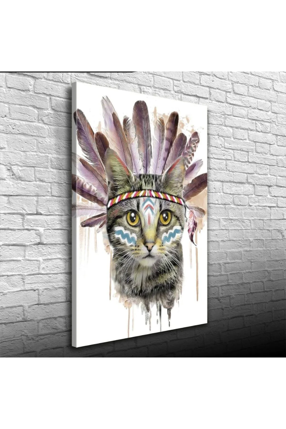 Kızılderili Kıyafetli Sevimli Kedi Kanvas Tablo 50 x 70