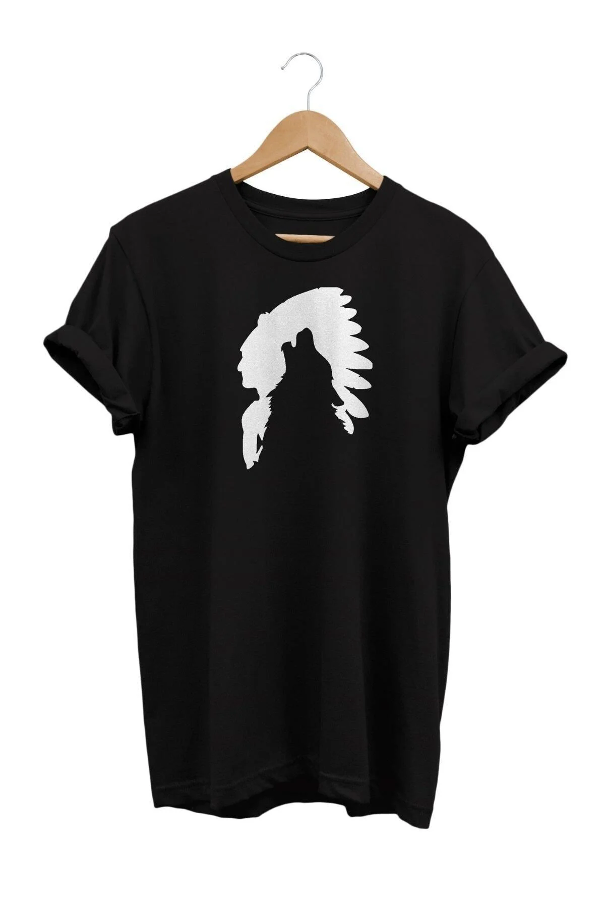 Kızılderili Kurt Baskılı %100 Pamuk Oversize T-shirt Büyük Beden 
