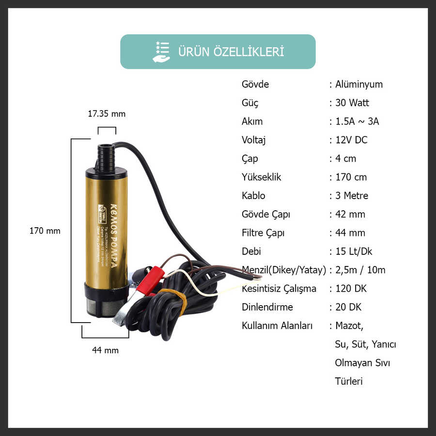 Kemos Kızılırmak 12 Volt Mazot Aktarma Pompası Alimünyum Gövdeli Açma Kapama Düğmeli