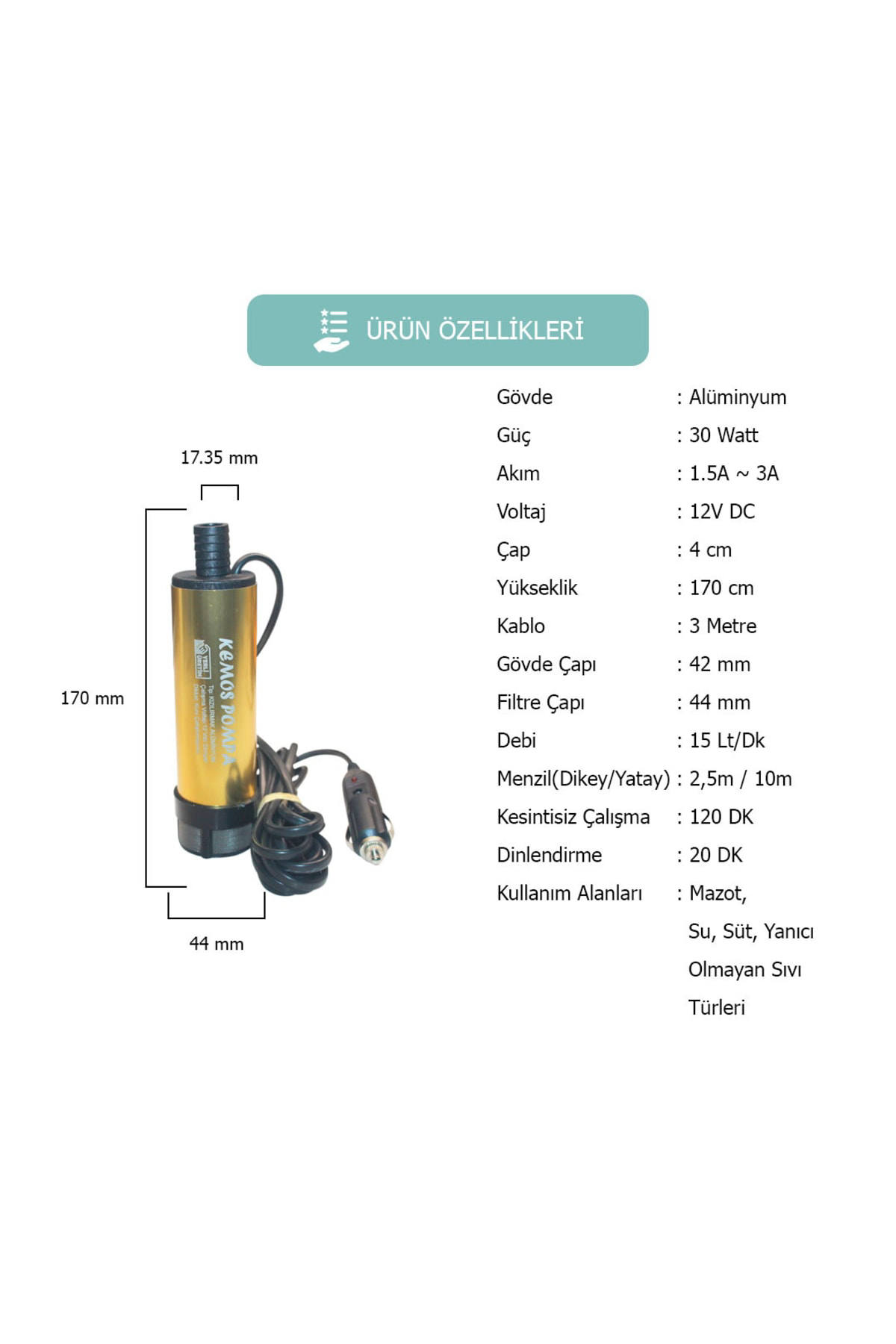 Kemos Kızılırmak Çakmaklık Girişli 12 Volt Mazot Ve Sıvı Aktarma Pompas