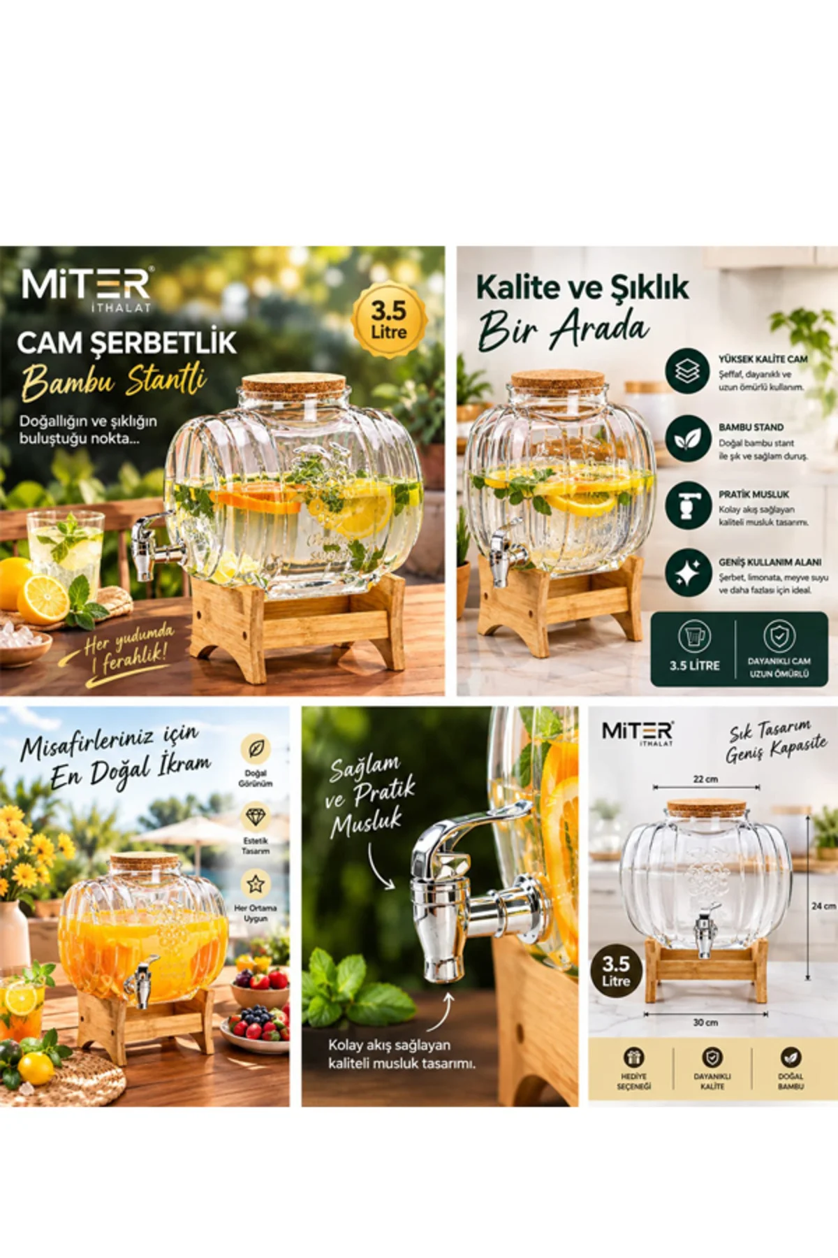 KJ-052 Cam Şerbetlik Bambu Standlı 3,5 Litre – Şık Sunum ve İçecek Servisi