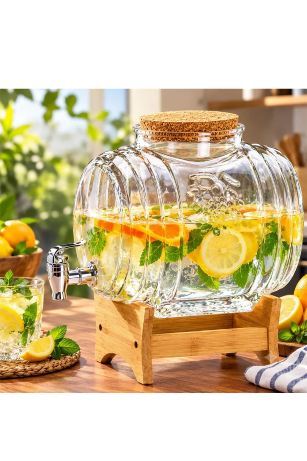 KJ-052 Cam Şerbetlik Bambu Standlı 3,5 Litre – Şık Sunum ve İçecek Servisi