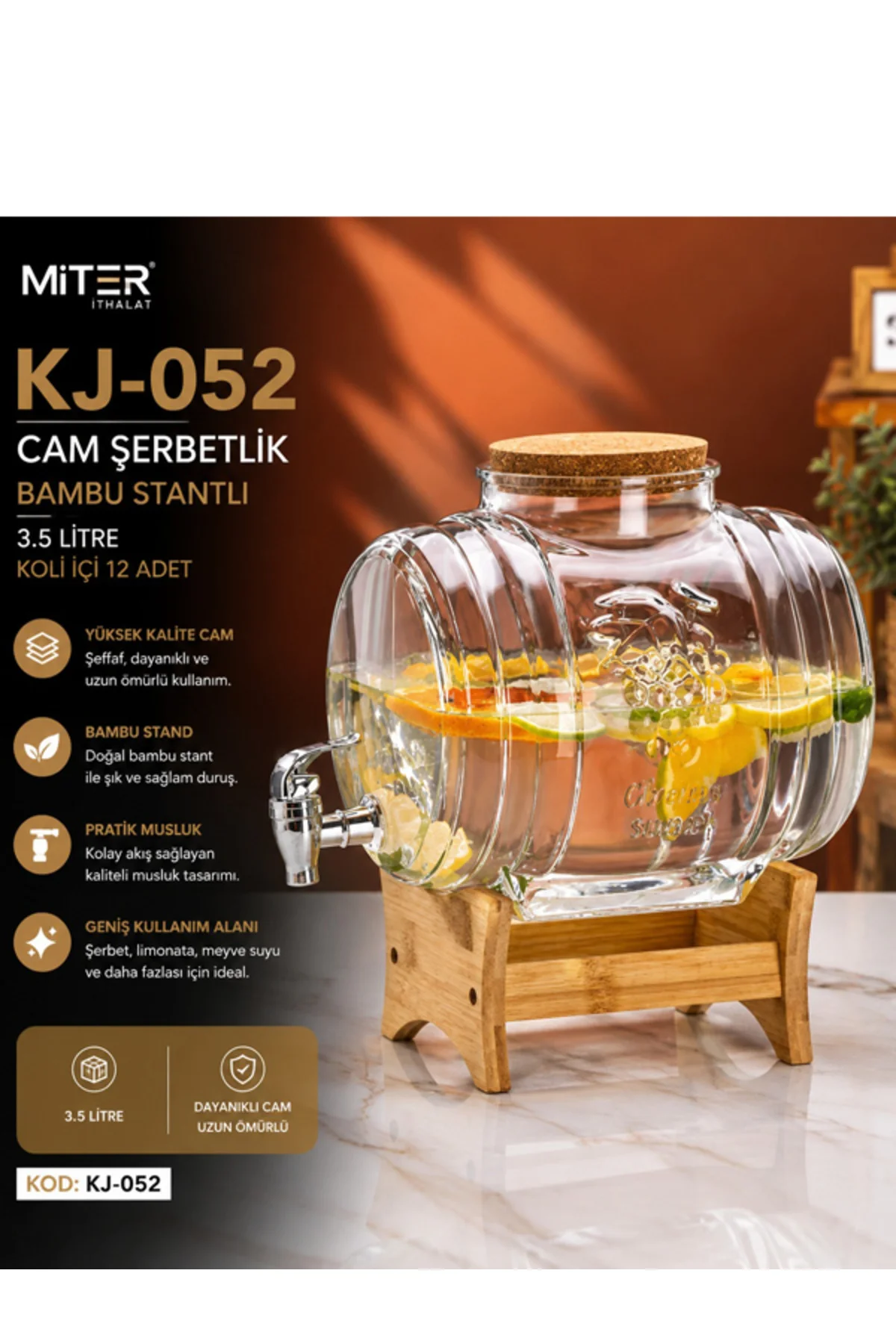 KJ-052 Cam Şerbetlik Bambu Standlı 3,5 Litre – Şık Sunum ve İçecek Servisi