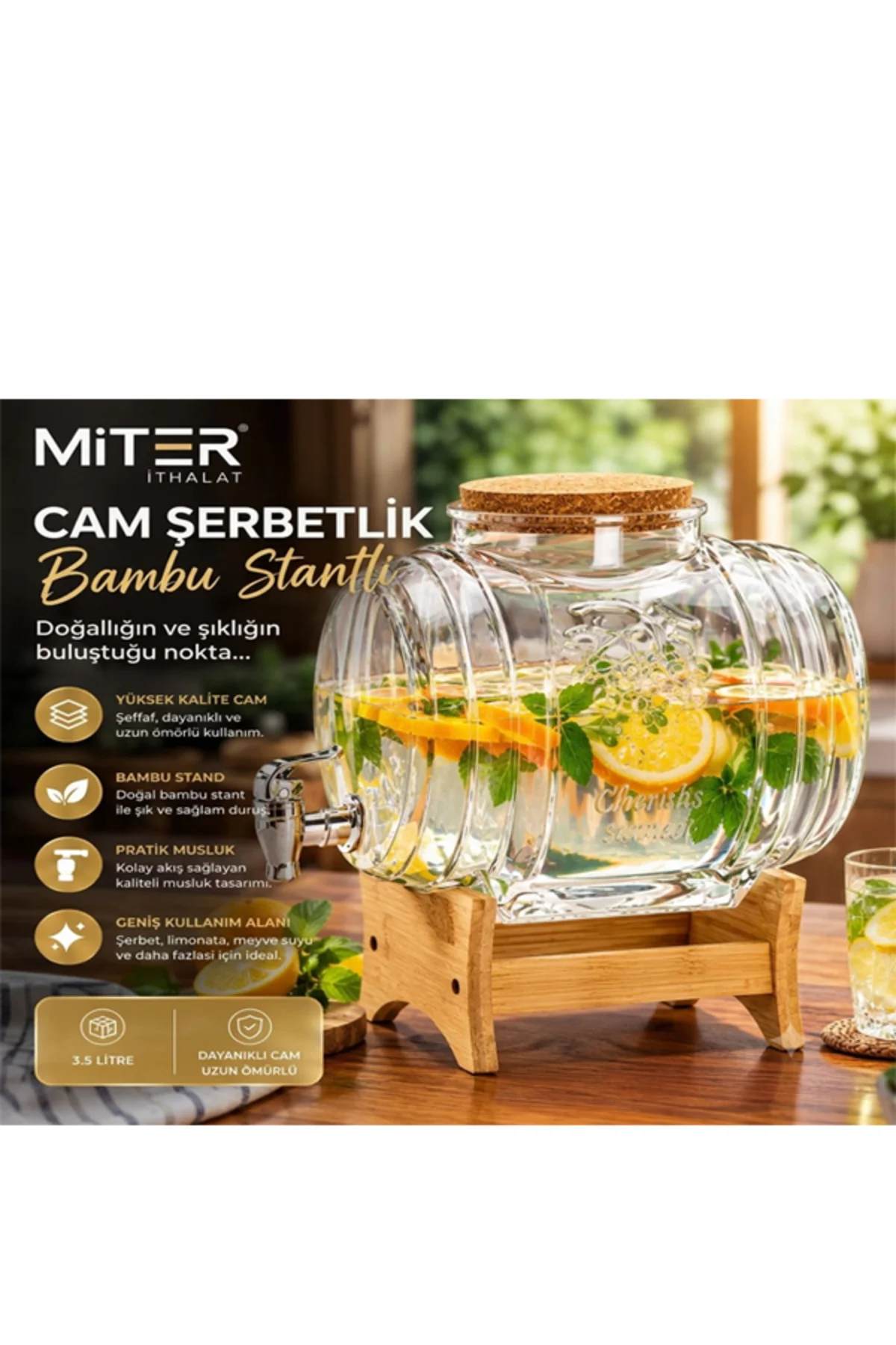 KJ-052 Cam Şerbetlik Bambu Standlı 3,5 Litre – Şık Sunum ve İçecek Servisi