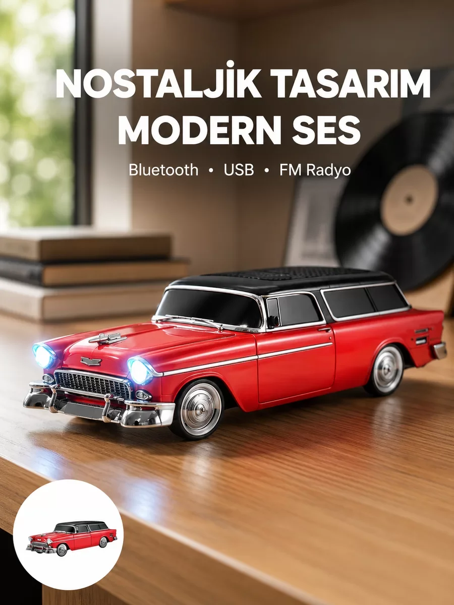 Klasik Araç Tasarımında Kablosuz Taşınabilir Hoparlör - 10W Ses ve Motor Efekti