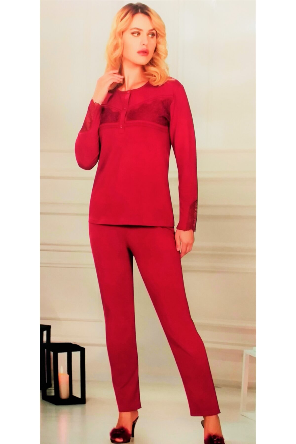 Klasik Dantel Detaylı Kışlık Pijama Takımı Bordo
