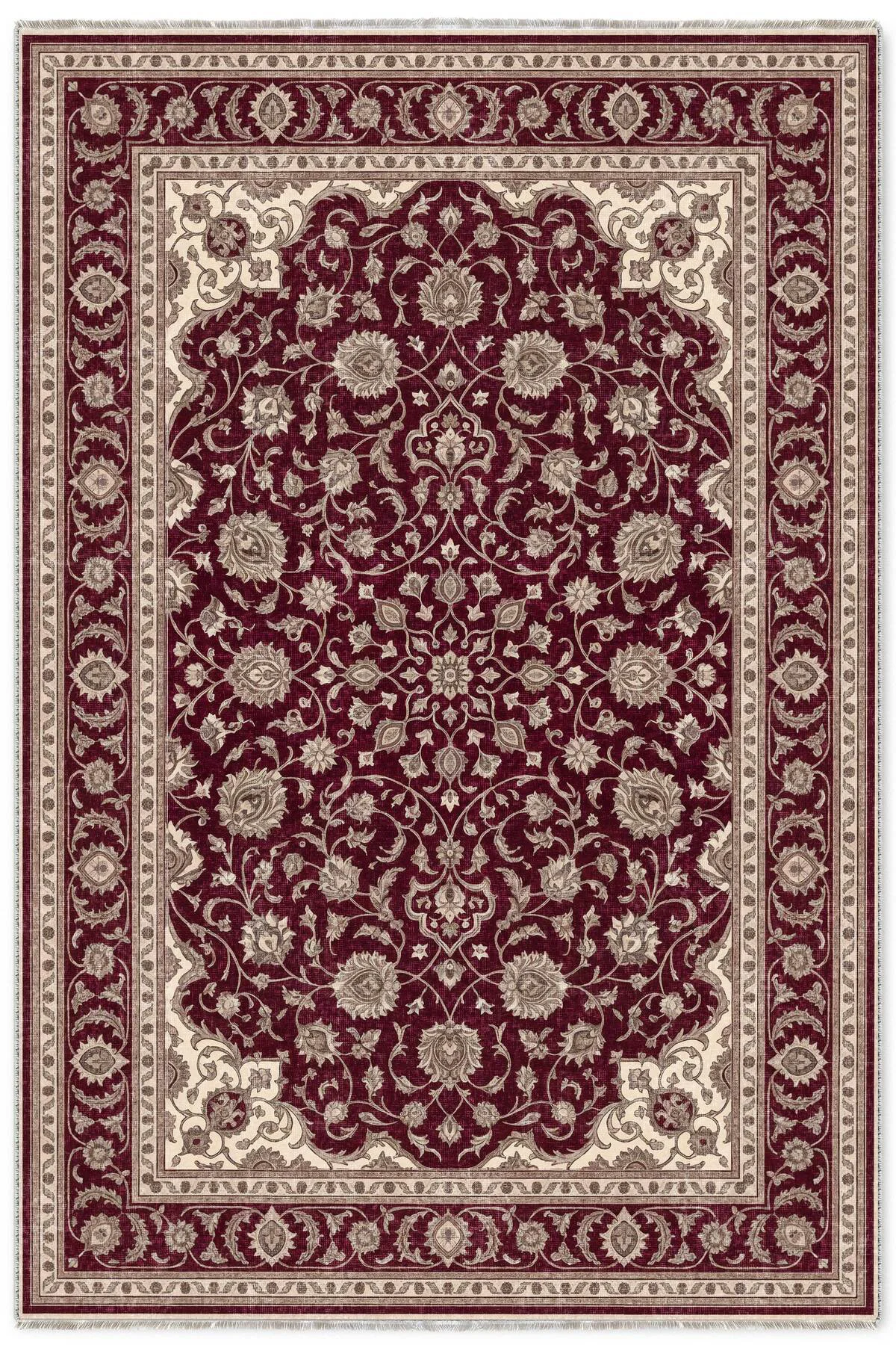 Klasik Eskitme Saray Deseni Şönil Halı Kilim Yolluk Bordo Krem Vi