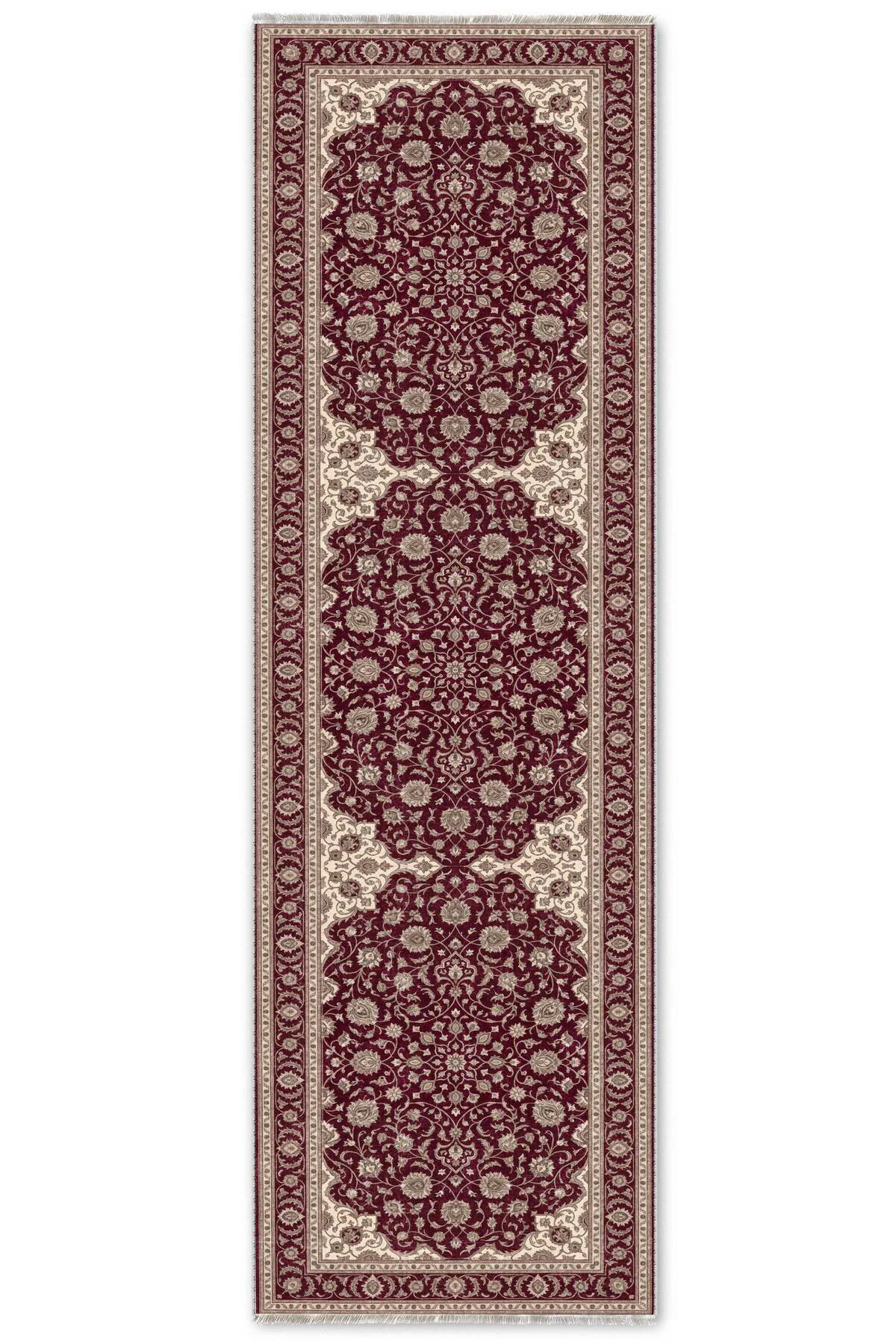 Klasik Eskitme Saray Deseni Şönil Halı Kilim Yolluk Bordo Krem Vi