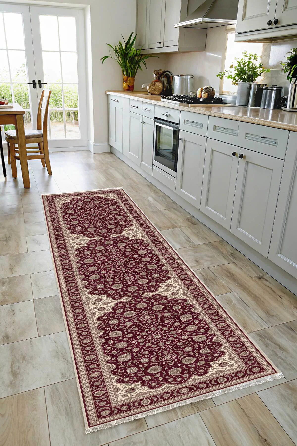 Klasik Eskitme Saray Deseni Şönil Halı Kilim Yolluk Bordo Krem Vi