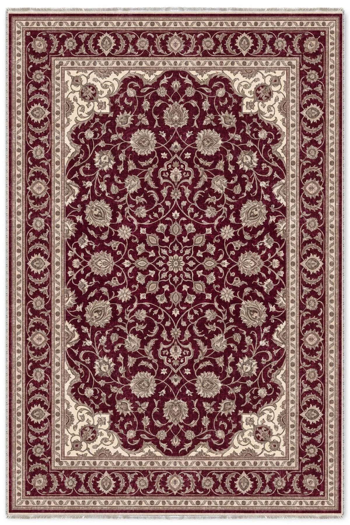 Klasik Eskitme Saray Deseni Şönil Halı Kilim Yolluk Bordo Krem Vintage Salon Halısı Klasik Eskitme Saray Deseni Şönil Halı Kilim Yolluk Bordo Krem Vintage Salon Halısı