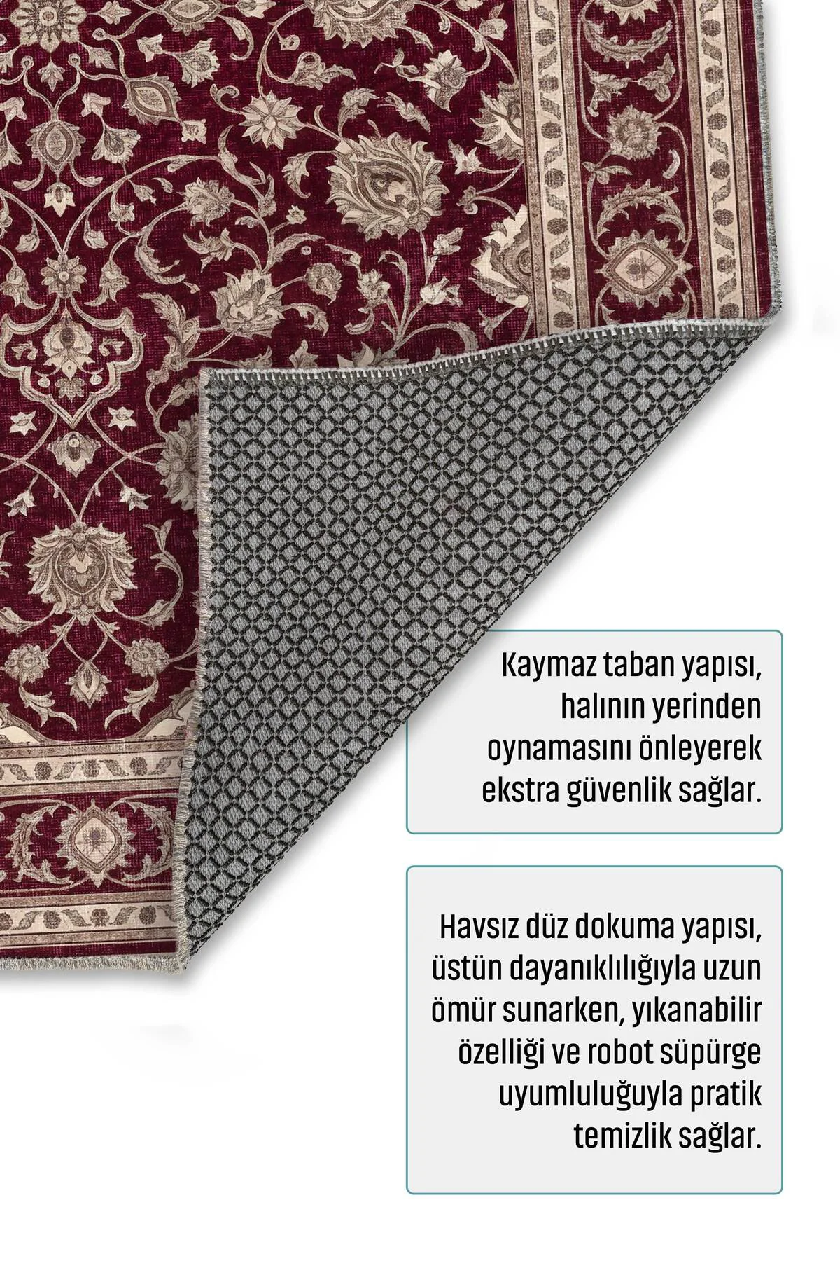 Klasik Eskitme Saray Deseni Şönil Halı Kilim Yolluk Bordo Krem Vi