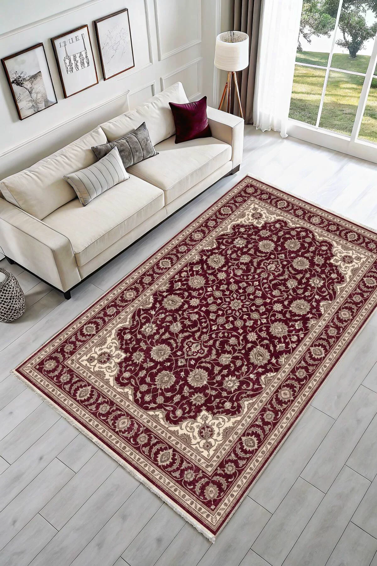 Klasik Eskitme Saray Deseni Şönil Halı Kilim Yolluk Bordo Krem Vi