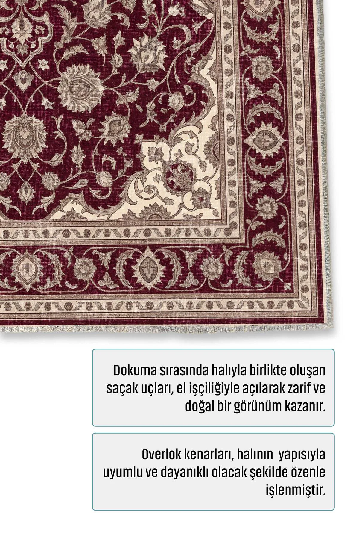 Klasik Eskitme Saray Deseni Şönil Halı Kilim Yolluk Bordo Krem Vi