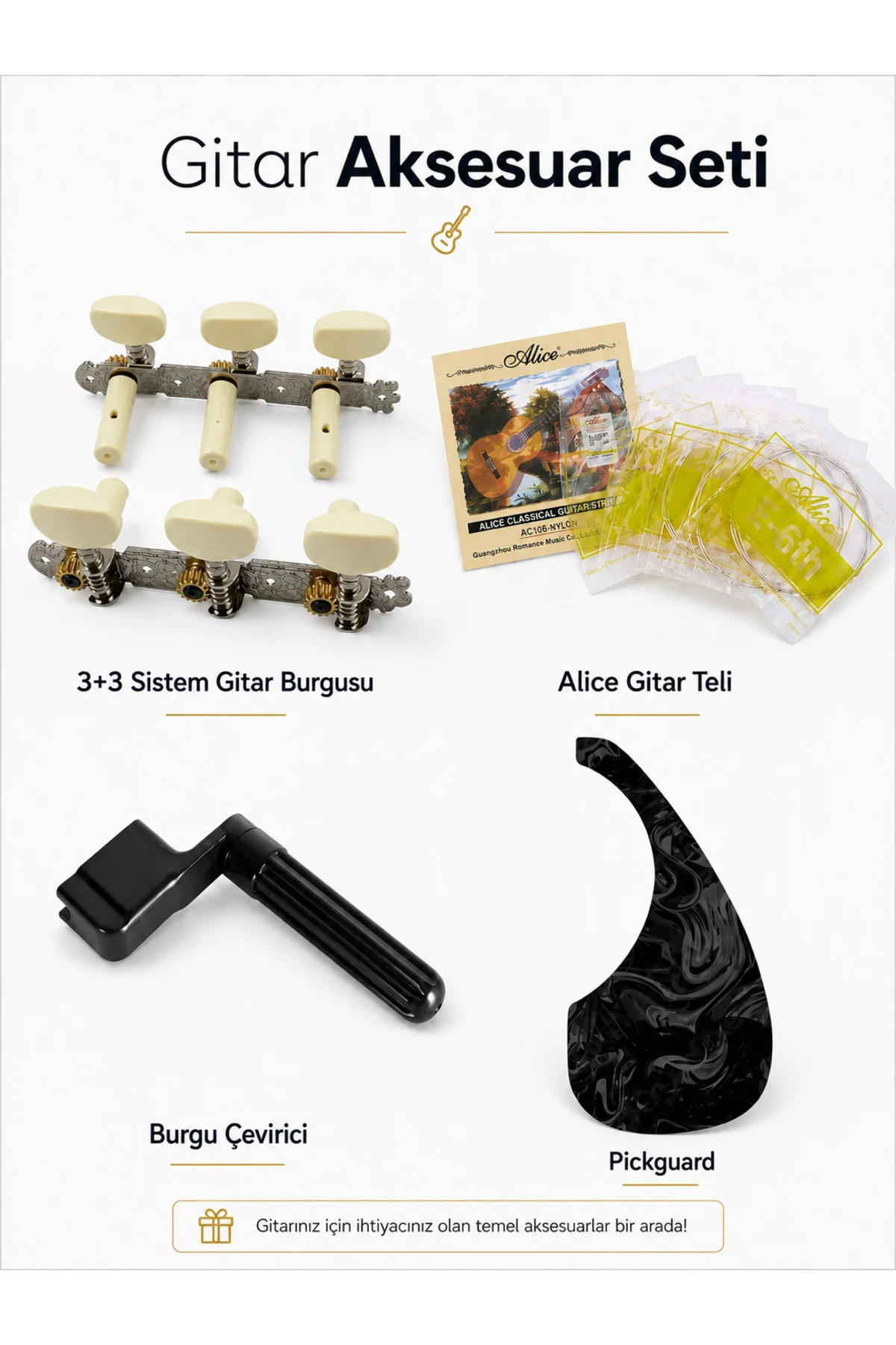 Klasik Gitar Aksesuar ve Bakım Seti (3 3 Sistem Burgu, Burgu Çevirici, Klasik Gitar Teli ve Pickguard) Klasik Gitar Aksesuar ve Bakım Seti (3 3 Sistem Burgu, Burgu Çevirici, Klasik Gitar Teli ve Pickguard)