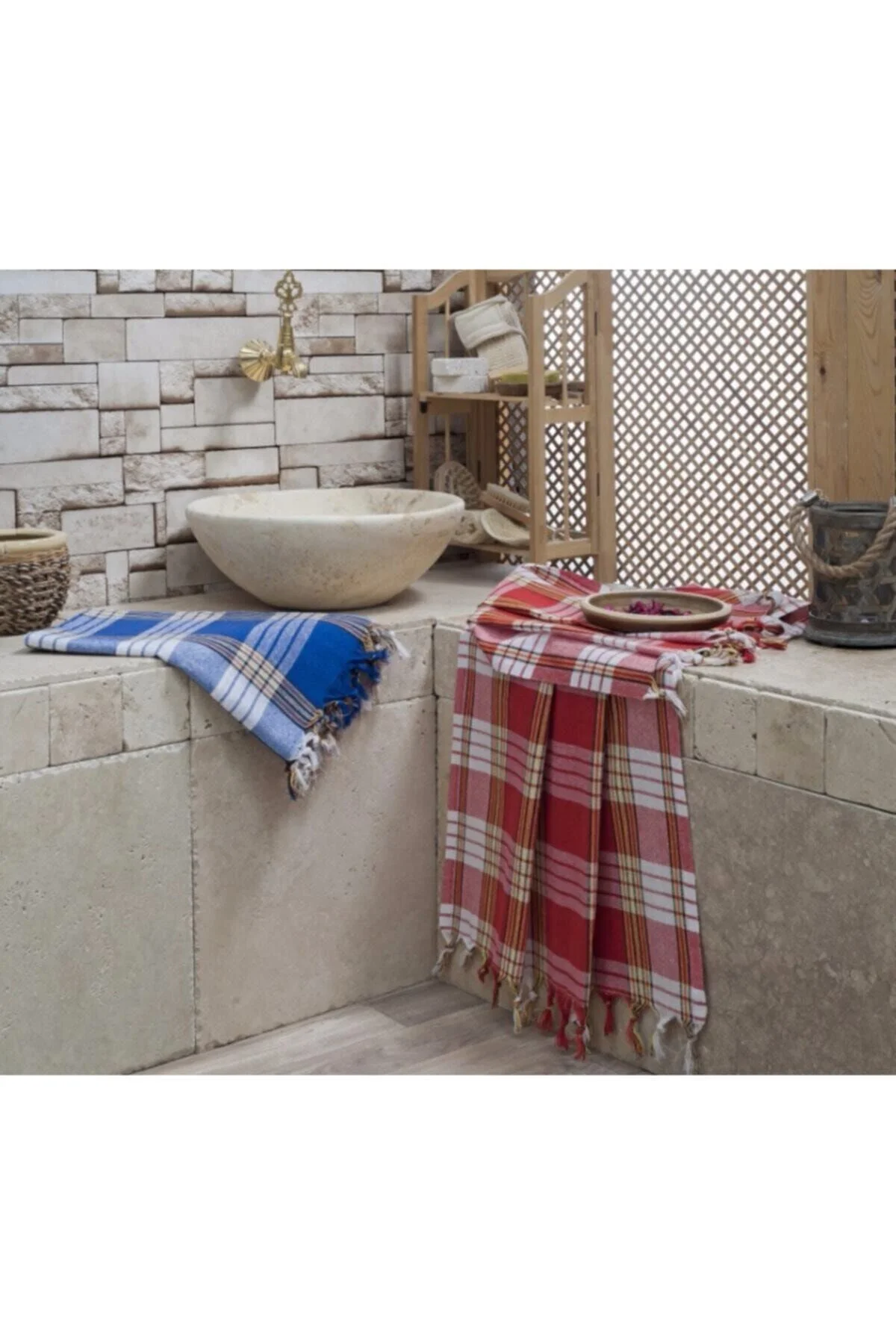 Klasik Hamam Peştemali Ekoseli 80x170 Cm Kırmızı/mavi