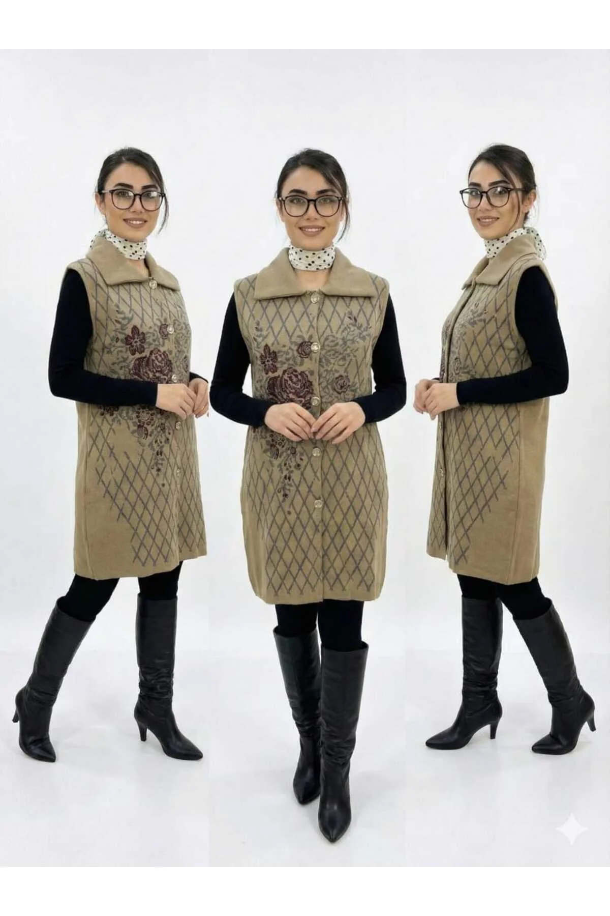 KLASİK KARELİ GÜL DESEN TRİKO YAKALI YELEK