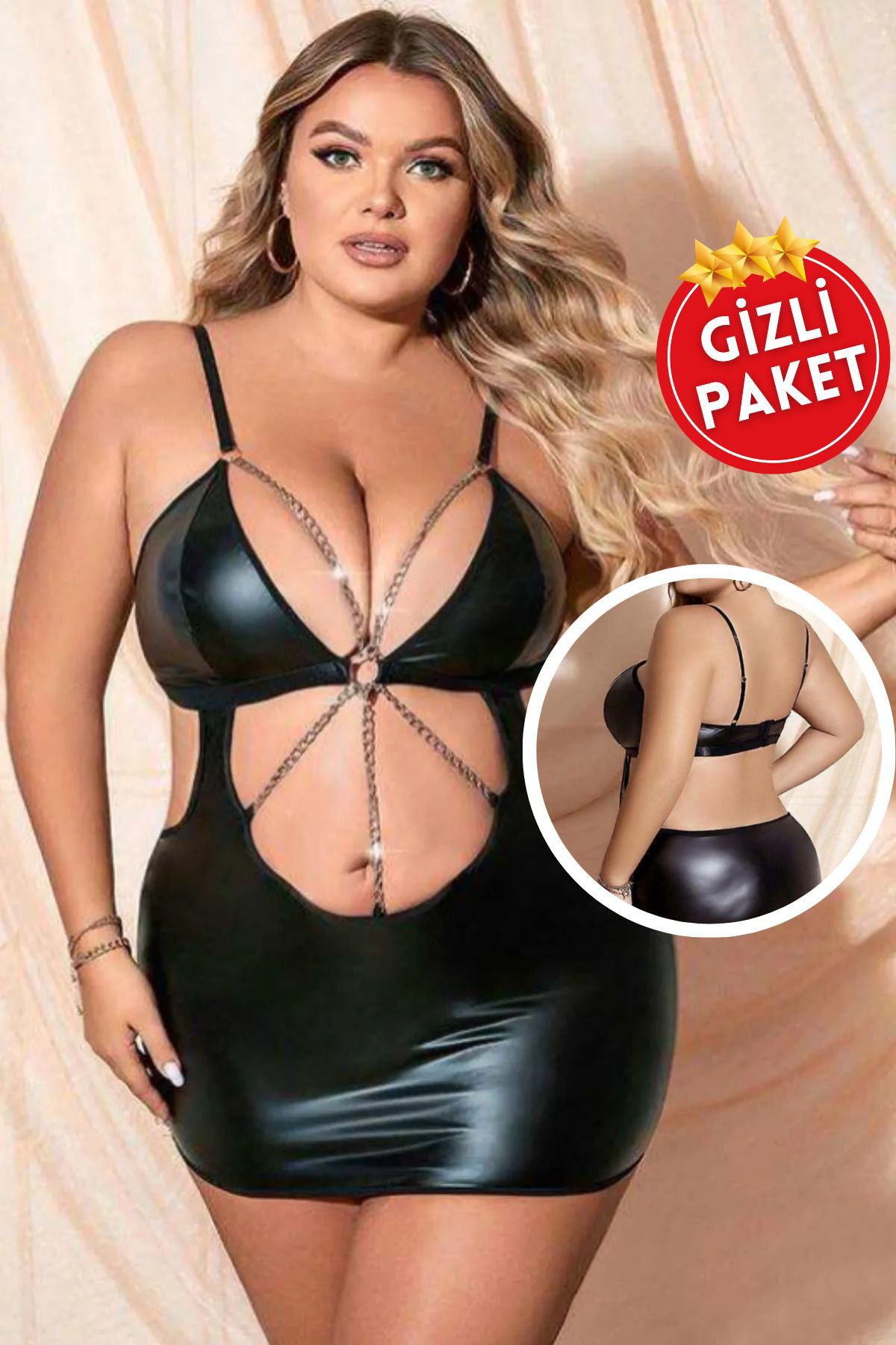 Rukod Klasik Seksi Büyük Beden Zincir Detayli Siyah Lame Deri Gece Elbisesi, Büyük Beden Fantezi Kostüm