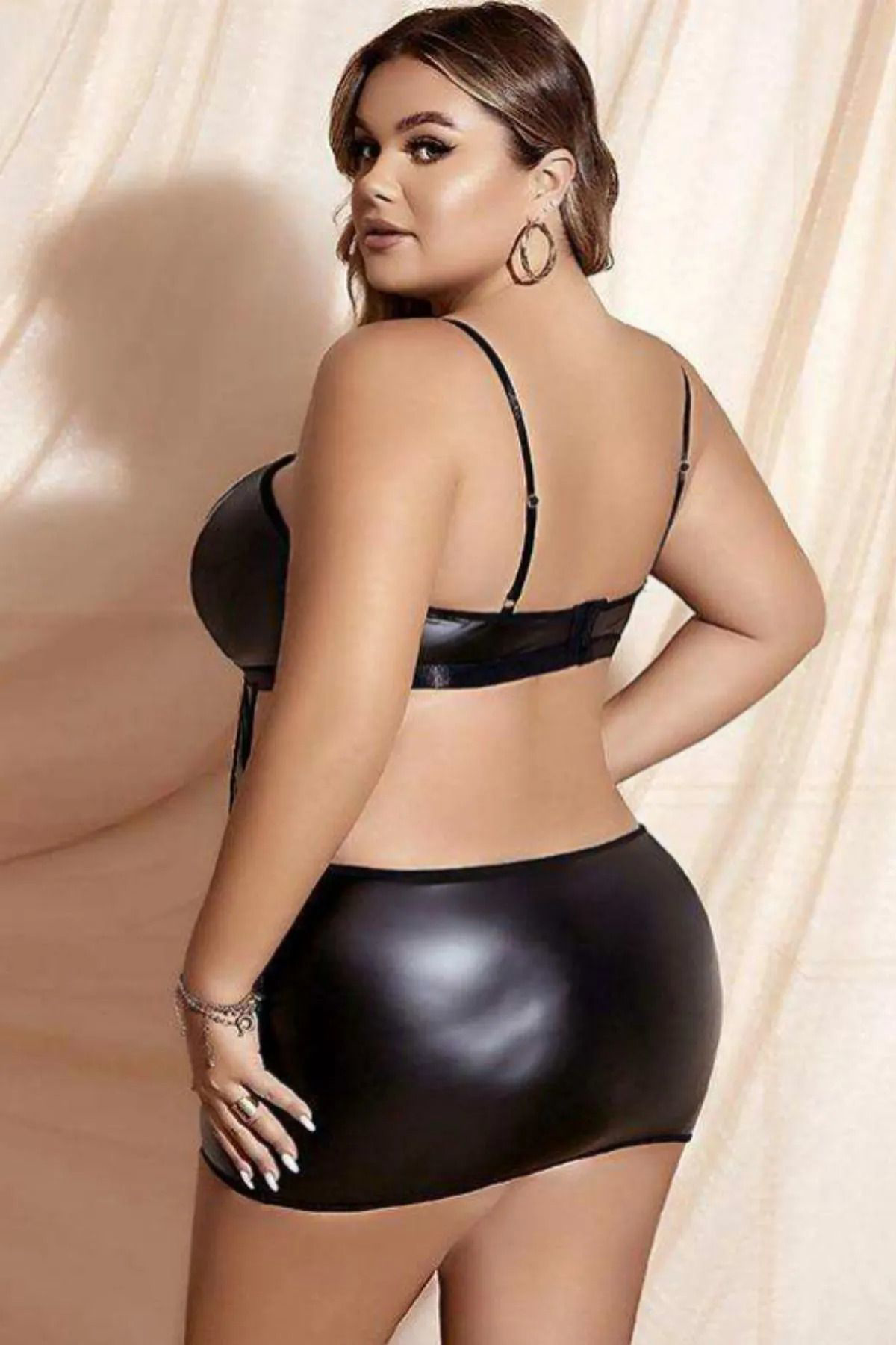 Rukod Klasik Seksi Büyük Beden Zincir Detayli Siyah Lame Deri Gece Elbisesi, Büyük Beden Fantezi Kostüm