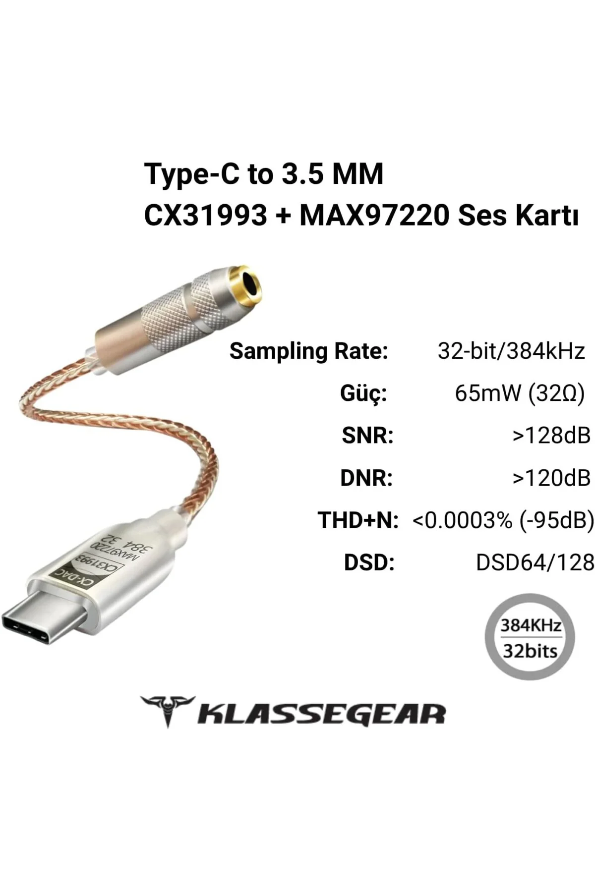 Klasse Type-C - 3.5 CX31993 MAX97220 Çip HiFi DAC Kartı Kulaklık 