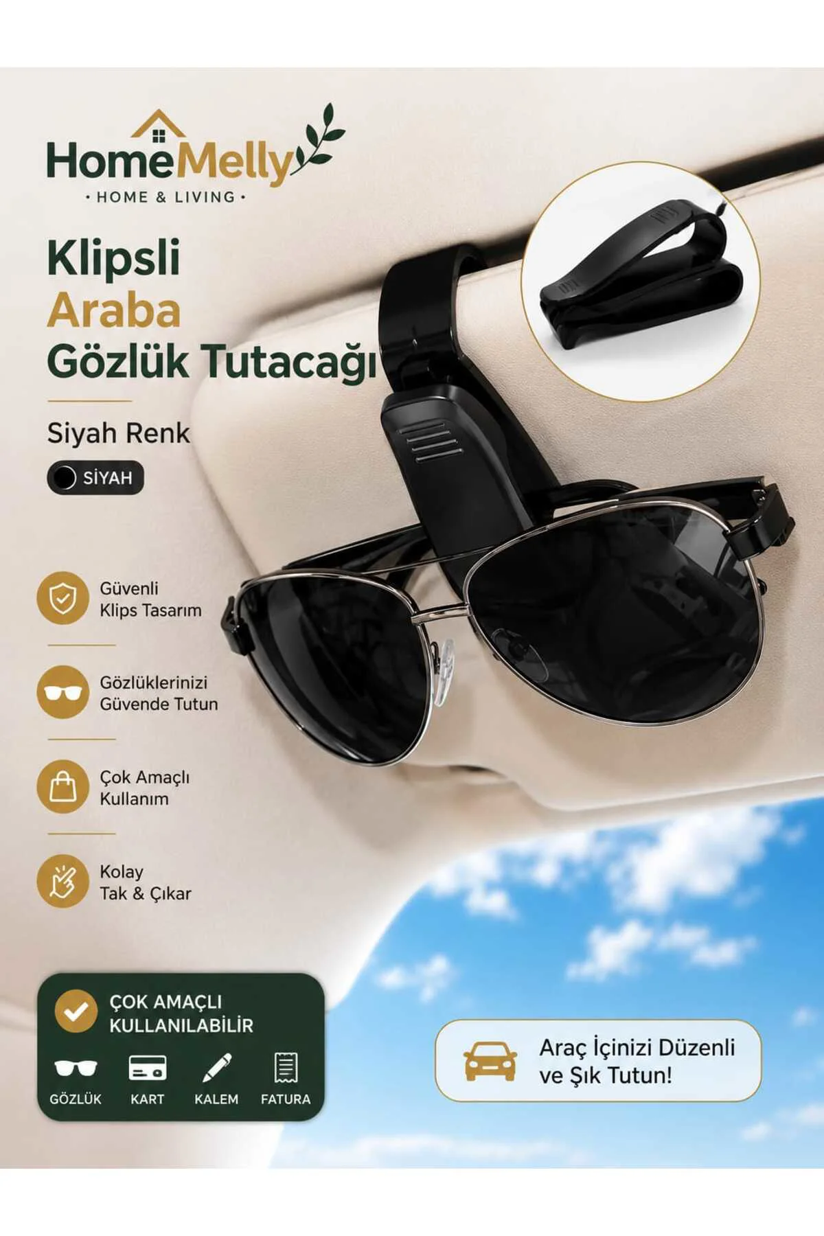 Klipsli Araç İçi Gözlük Tutucu, Çok Amaçlı Tutucu Aparat