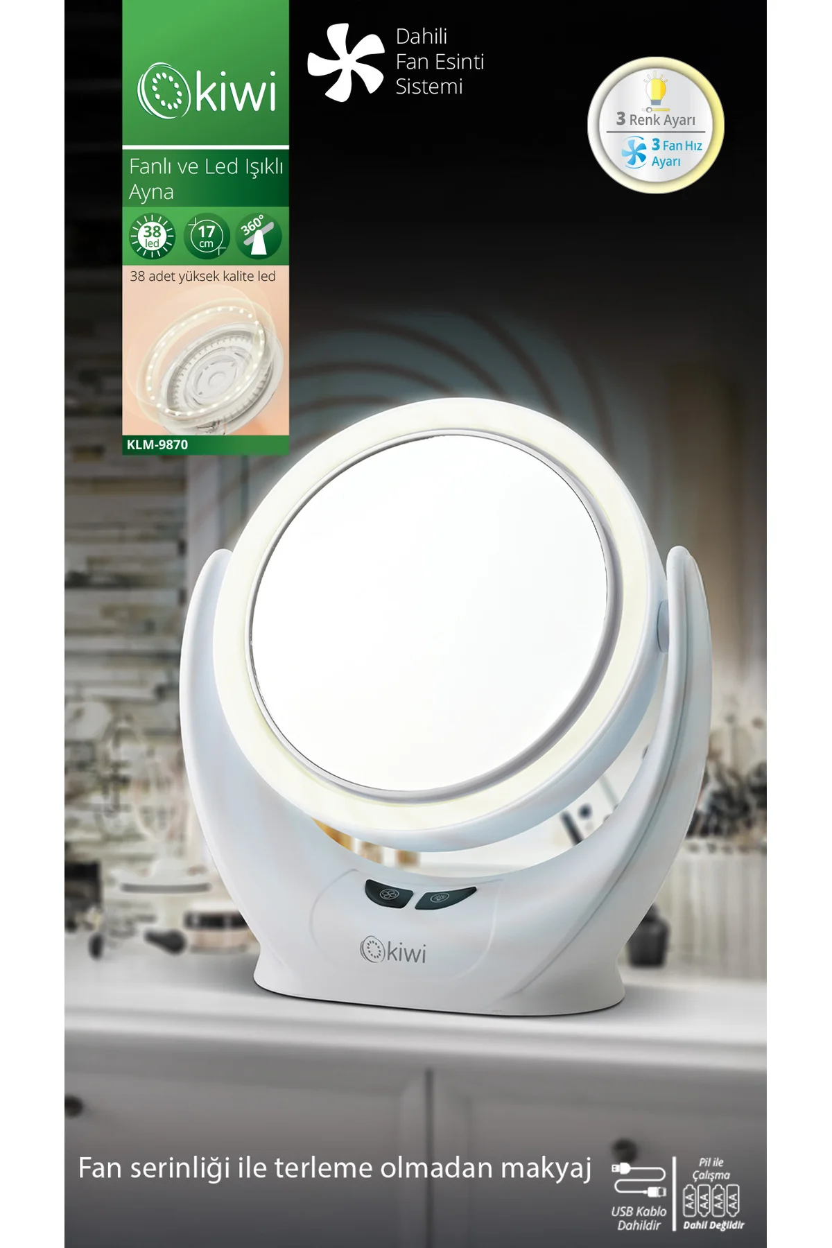 Klm-9870 Fanlı, Ayarlanabilir Led Işıklı Makyaj Aynası