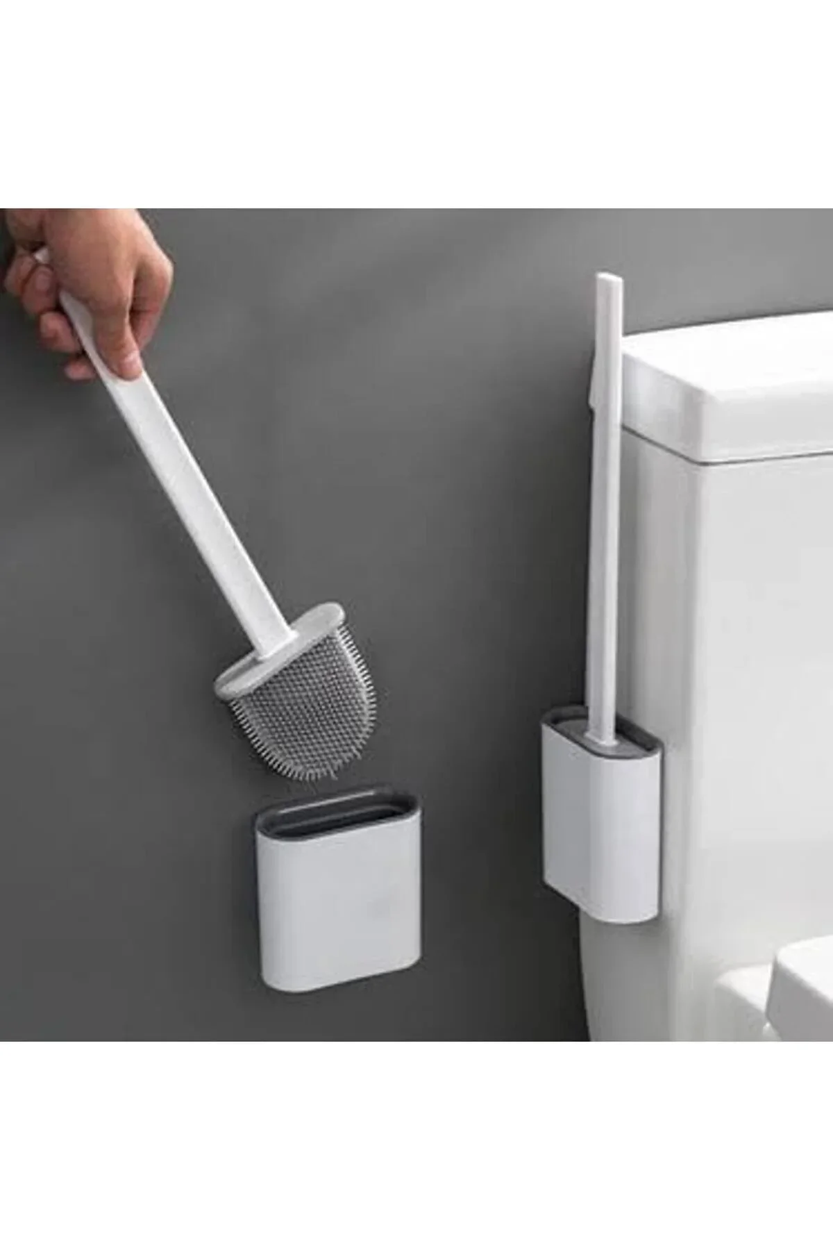 Klozet Temizleme Fırçası Tuvalet Banyo - Silikon Tutucu Set Beyaz
