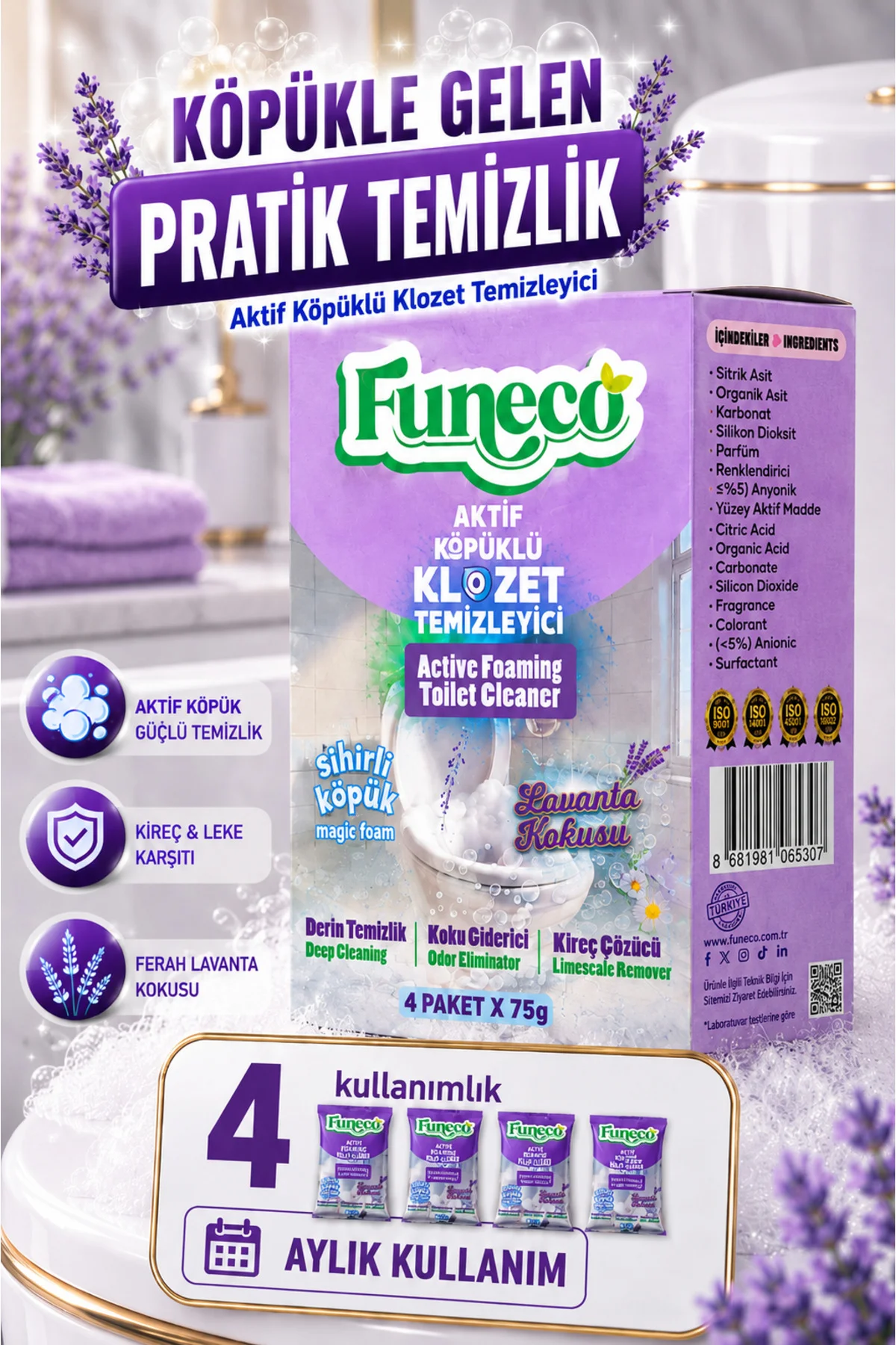 Klozet Tuvalet WC Temizleyici, 300g, Aktif Köpüklü, Ekolojik Doğa Dostu, Aylık Paket, Lavanta Fiyatı, Yorumları ve Özellikleri