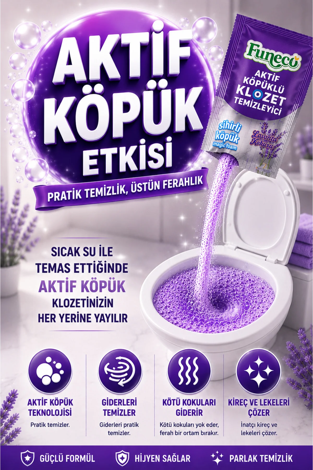Klozet Tuvalet WC Temizleyici, Aktif Köpüklü, Doğa Dostu, Lavanta Ferahlığı - 1 Paket Fiyatı, Yorumları ve Özellikleri