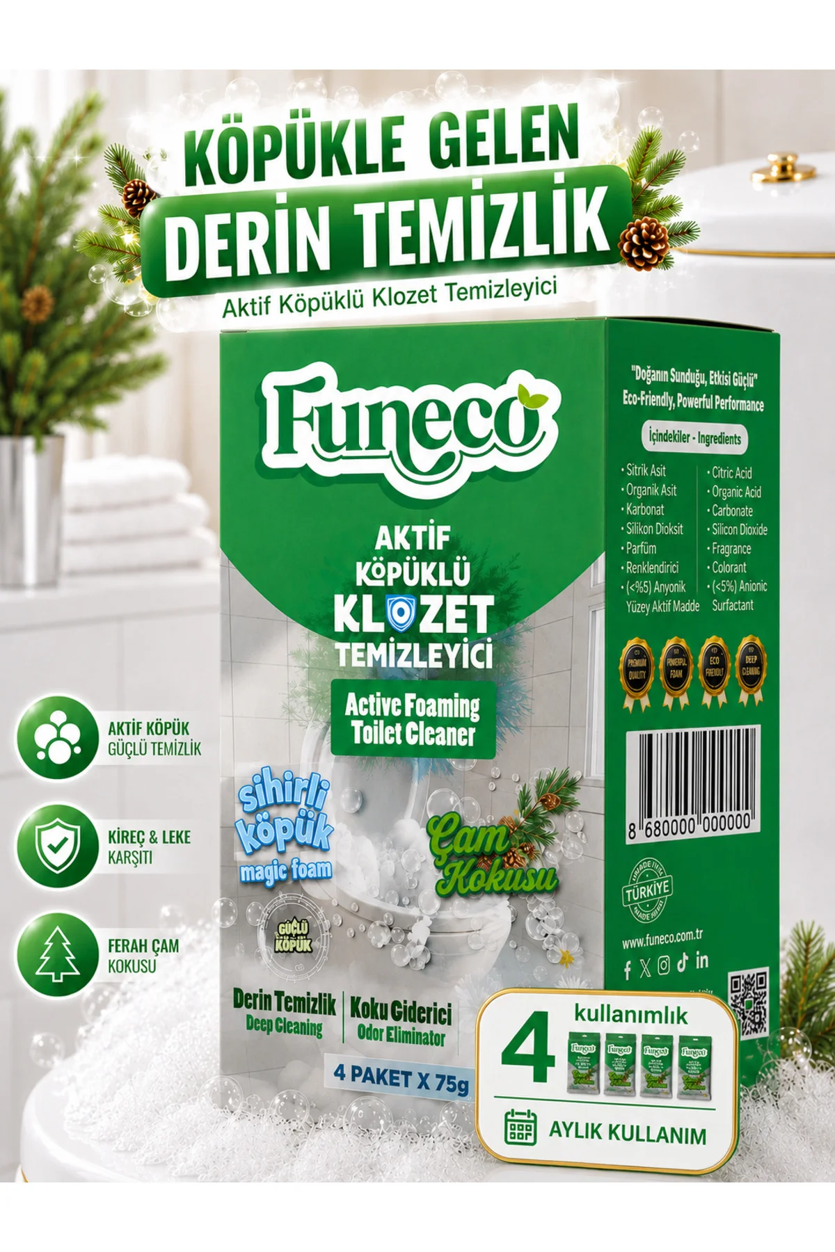 Klozet Tuvalet WC Temizleyici, Aktif Köpüklü, 1 Kutu, 4 Paket 300g, Ekolojik Doğa Dostu, Çam Fiyatı, Yorumları ve Özellikleri