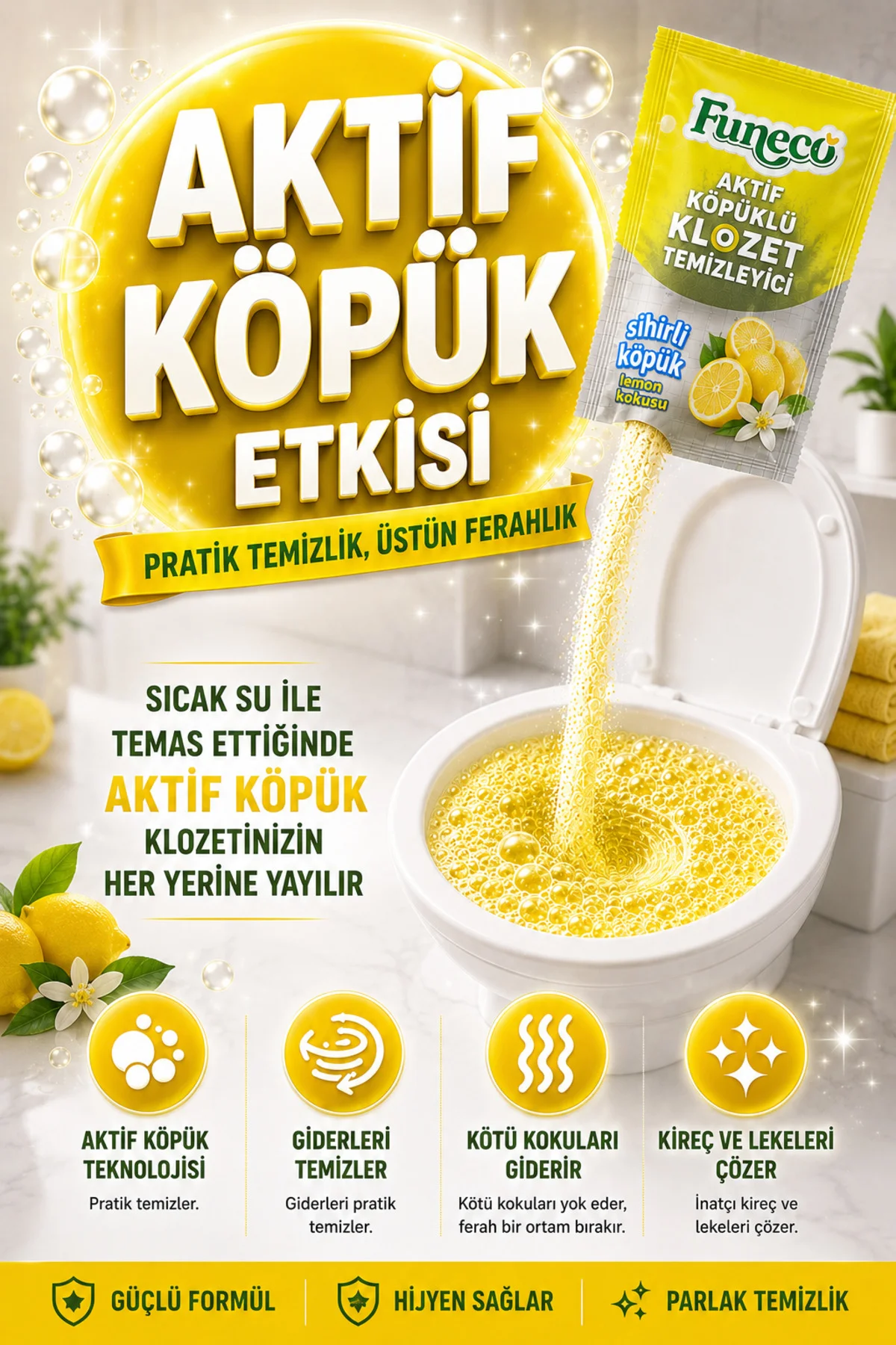 Klozet Tuvalet WC Temizleyici, Aktif Köpüklü, Doğa Dostu, Limon Kokusu- 1 Paket Fiyatı, Yorumları ve Özellikleri