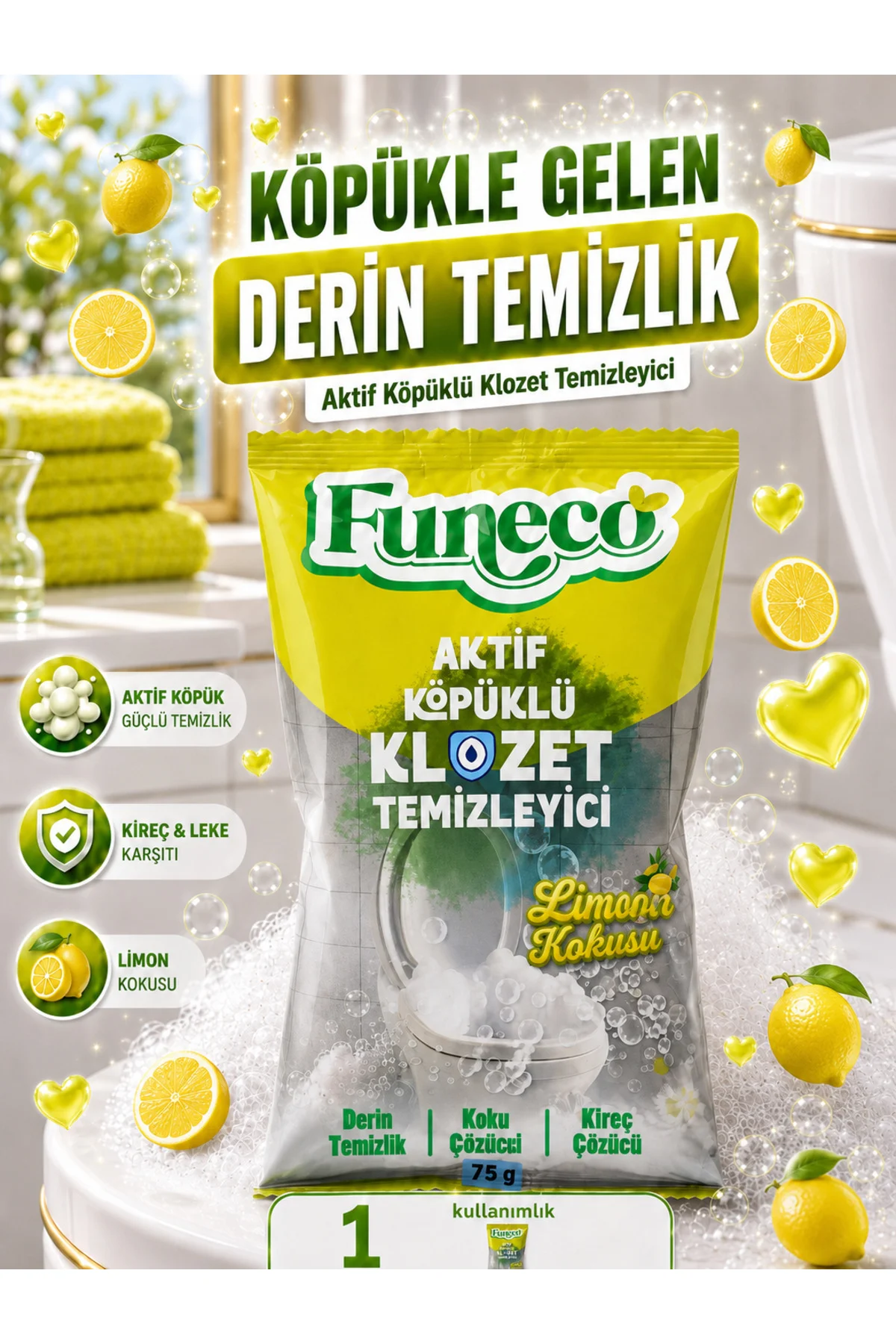 Klozet Tuvalet WC Temizleyici, Aktif Köpüklü, Doğa Dostu, Limon Kokusu- 1 Paket Fiyatı, Yorumları ve Özellikleri